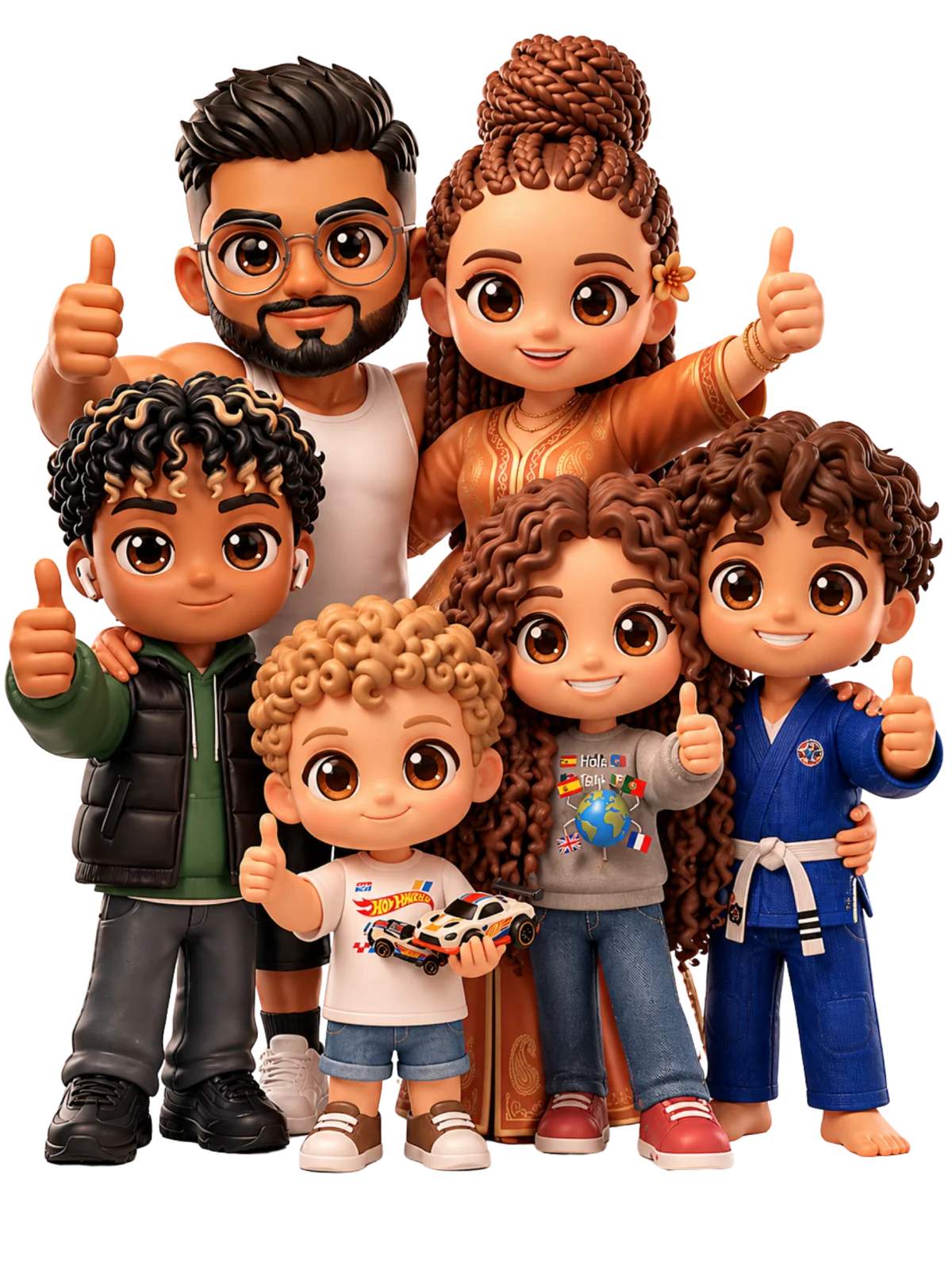 La familia AdesiivoStudio — versión chibi, los seis miembros con pulgares arriba