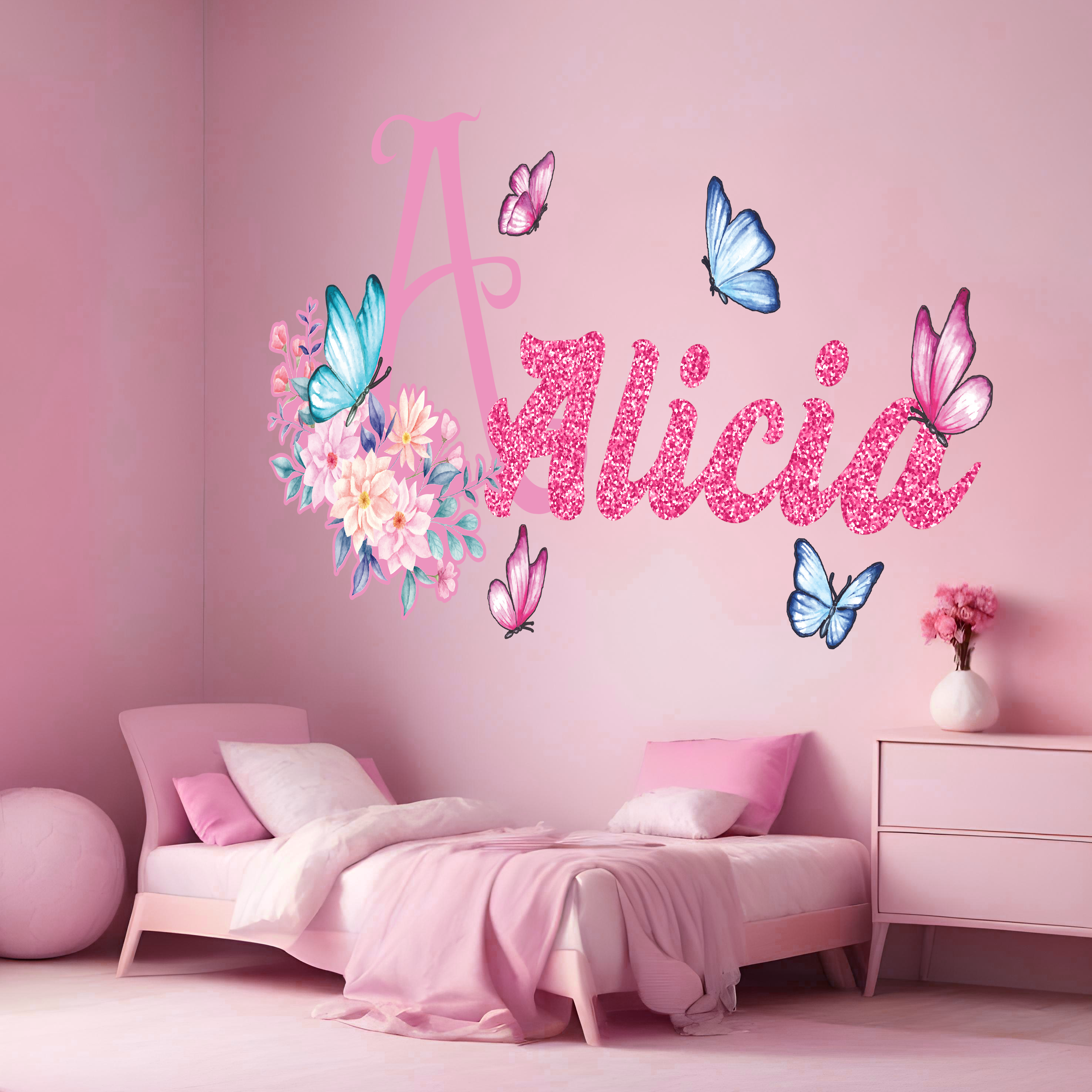 Adesivos de Parede Personalizados com Nome para Meninas - Decoração Infantil com Borboletas e Flores - Vinil Decorativo para Quarto Infantil