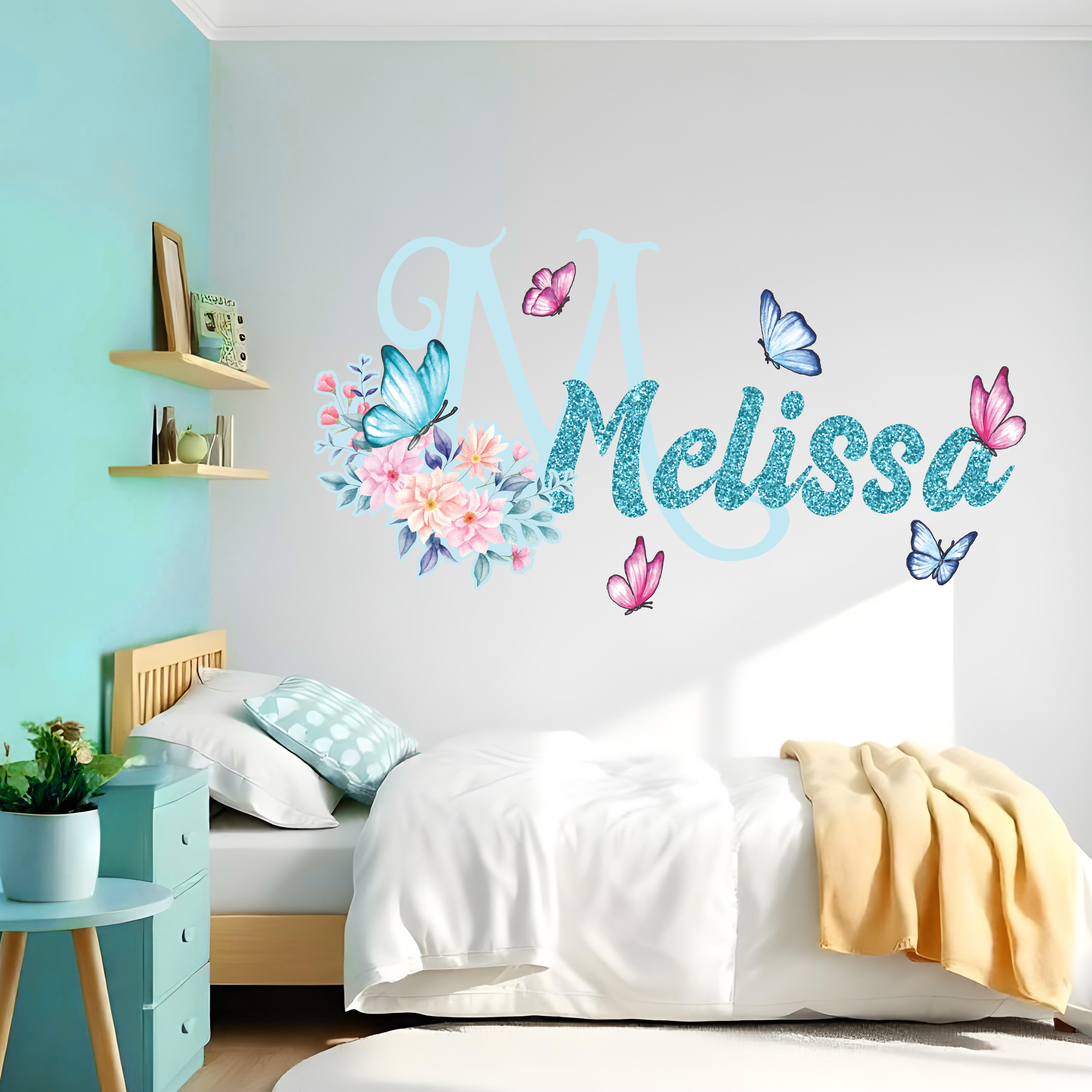 Adesivos de Parede Personalizados com Nome para Meninas - Decoração Infantil com Borboletas e Flores - Vinil Decorativo para Quarto Infantil