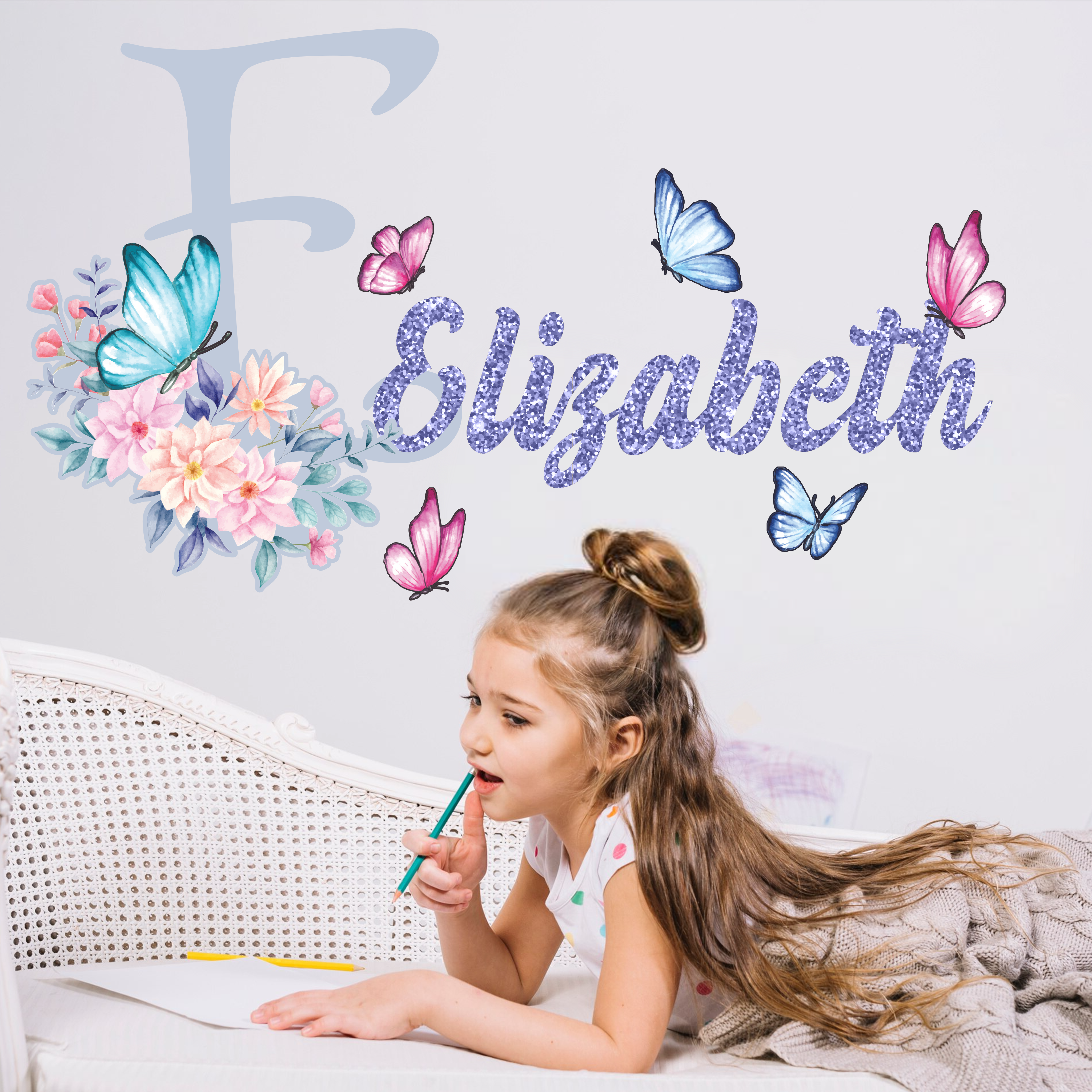 Adesivos de Parede Personalizados com Nome para Meninas - Decoração Infantil com Borboletas e Flores - Vinil Decorativo para Quarto Infantil