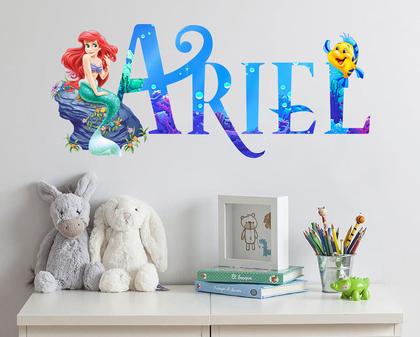 Decalque de parede da princesa Ariel Sereia - Adesivo de parede - Decalque com nome personalizado - Decoração de parede 3D Art Peel &amp; Stick - Vinil personalizado KA42