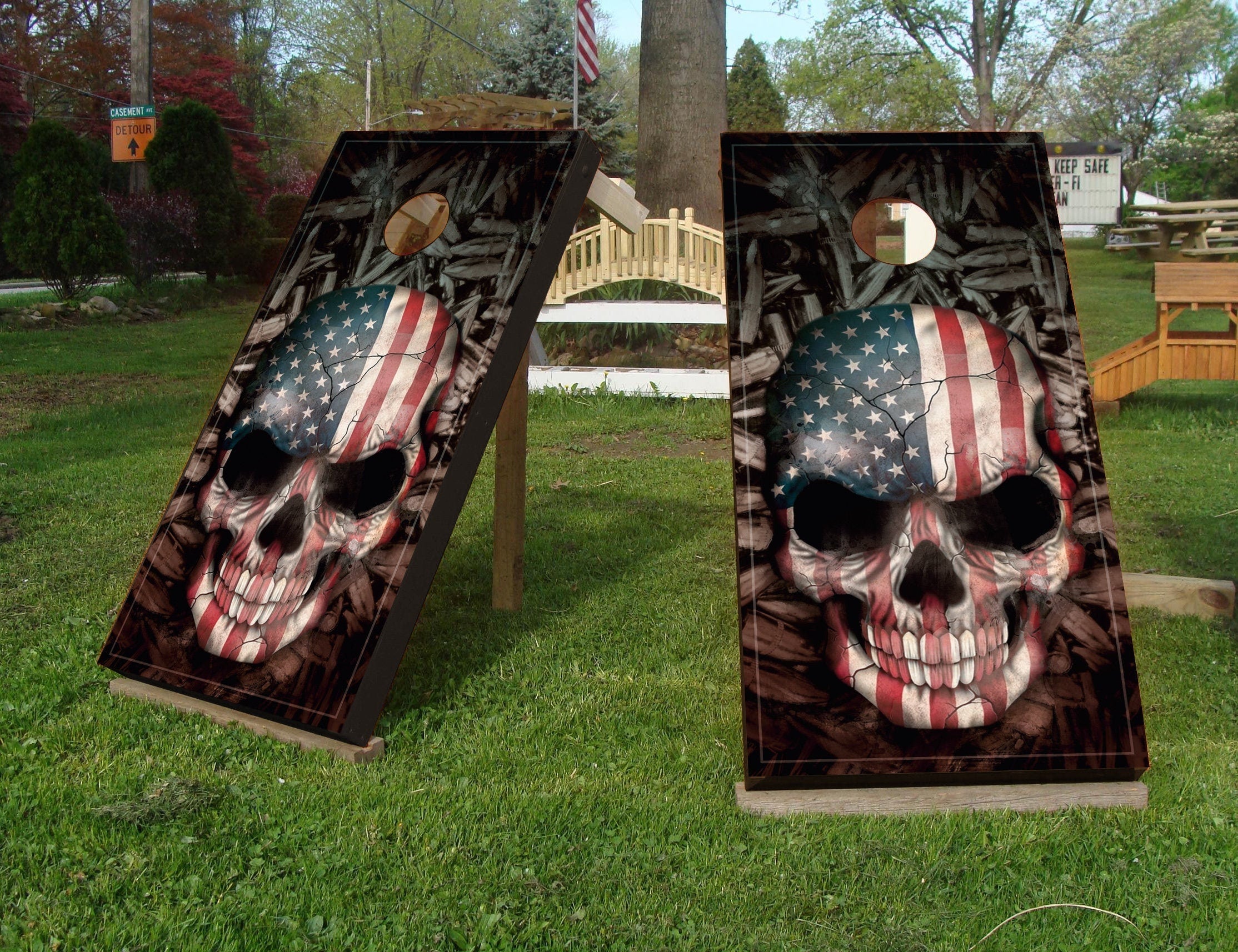 Skull American Custom Cornhole Wraps Decal Sticker 3D Texture Single - Laminated - Skin Vinyl Decal for Cornhole - Rustic Style