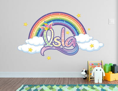 Decalques de parede com nome personalizado de unicórnio arco-íris - Decalque de parede de unicórnio Decoração de quarto para meninas - Adesivo de unicórnio - Arte de parede de decoração de berçário de arco-íris