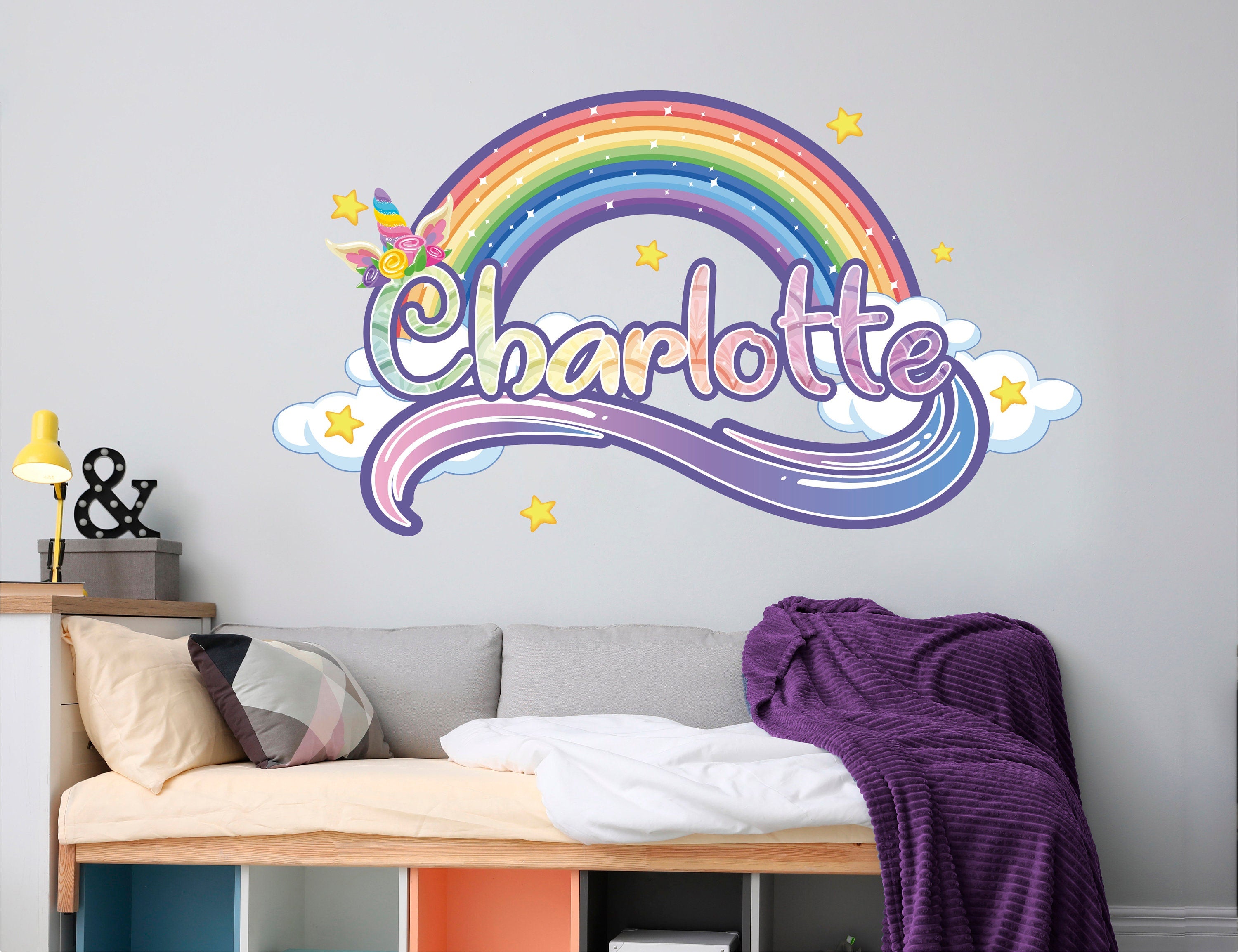 Autocolantes Unicórnio Arco-Íris com Nome Personalizado - Decoração de Parede de Unicórnio para Quarto de Meninas - Autocolante de Unicórnio - Decoração de Parede para Berçário