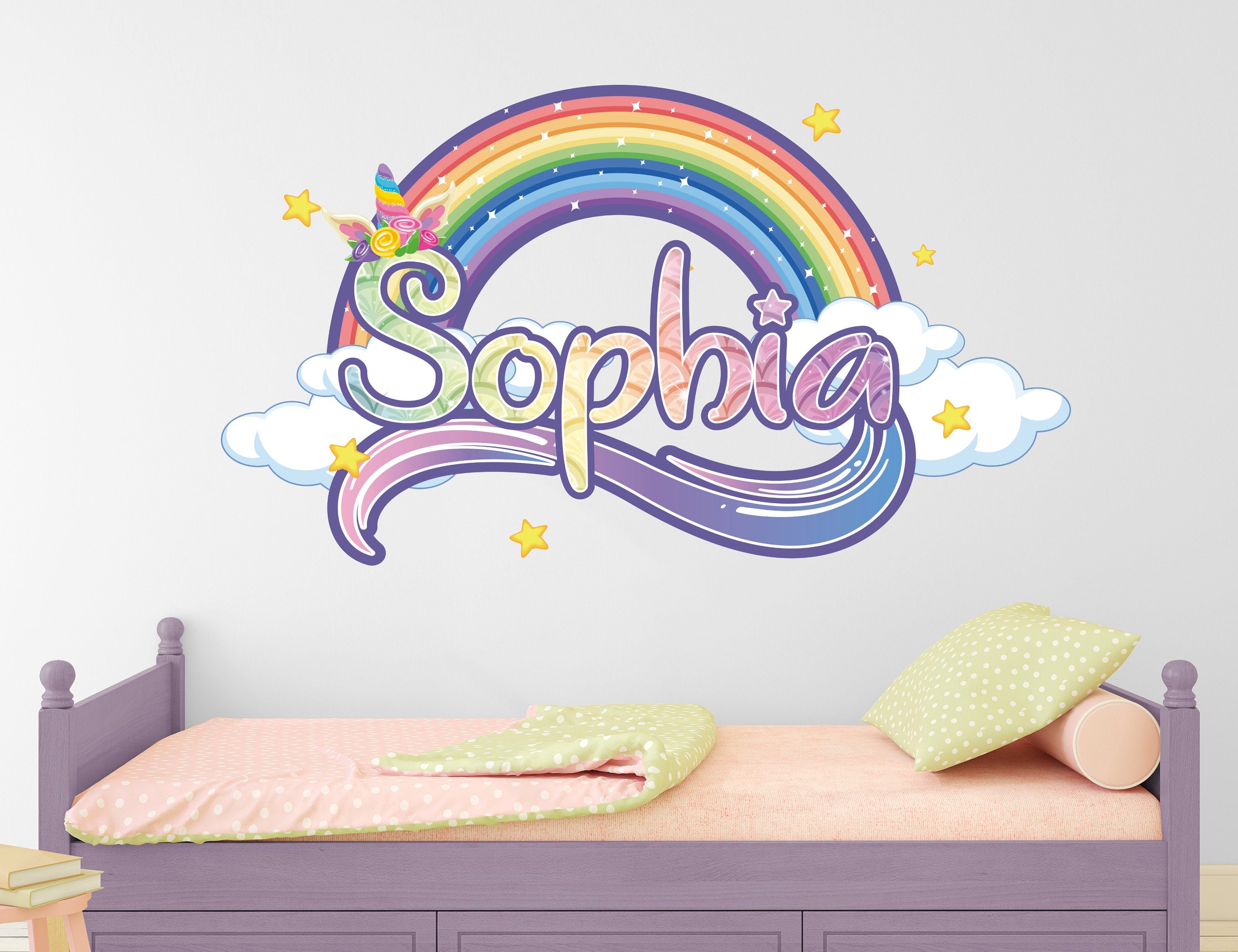 Autocolantes Unicórnio Arco-Íris com Nome Personalizado - Decoração de Parede de Unicórnio para Quarto de Meninas - Autocolante de Unicórnio - Decoração de Parede para Berçário