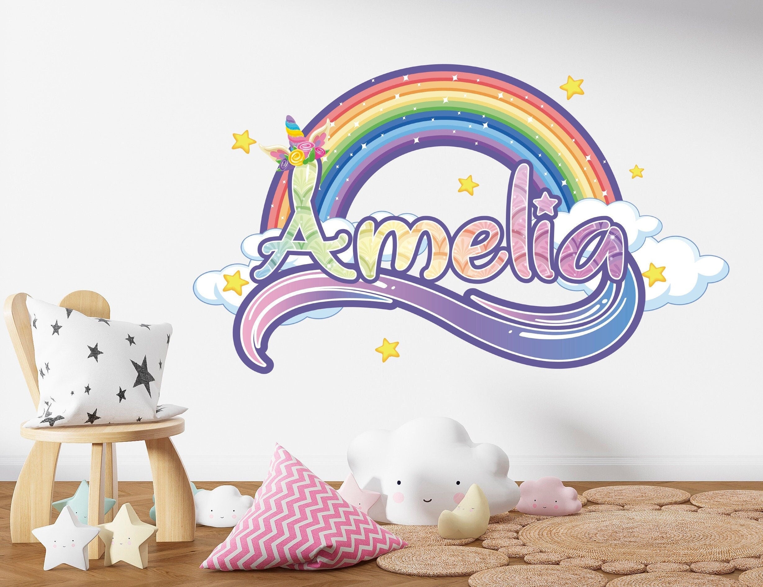 Autocolantes Unicórnio Arco-Íris com Nome Personalizado - Decoração de Parede de Unicórnio para Quarto de Meninas - Autocolante de Unicórnio - Decoração de Parede para Berçário