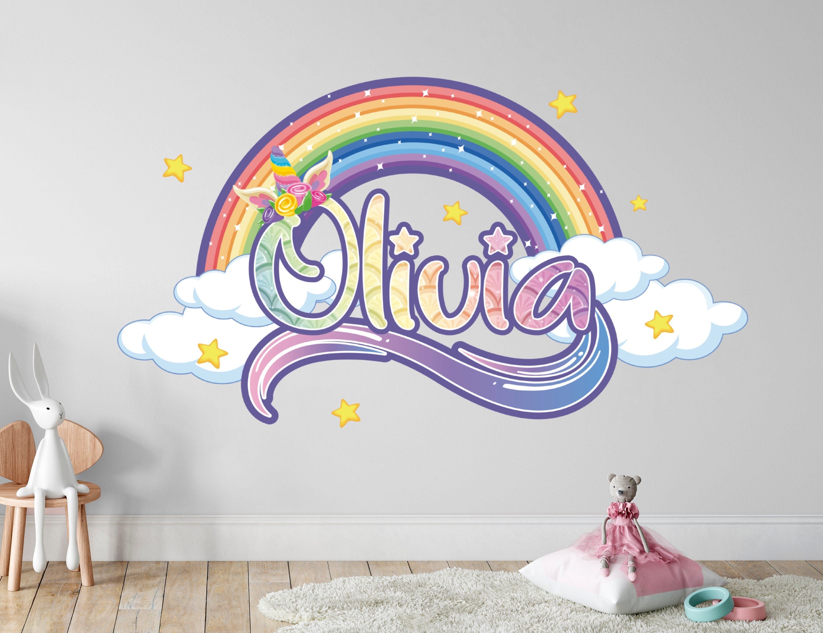 Autocolantes Unicórnio Arco-Íris com Nome Personalizado - Decoração de Parede de Unicórnio para Quarto de Meninas - Autocolante de Unicórnio - Decoração de Parede para Berçário