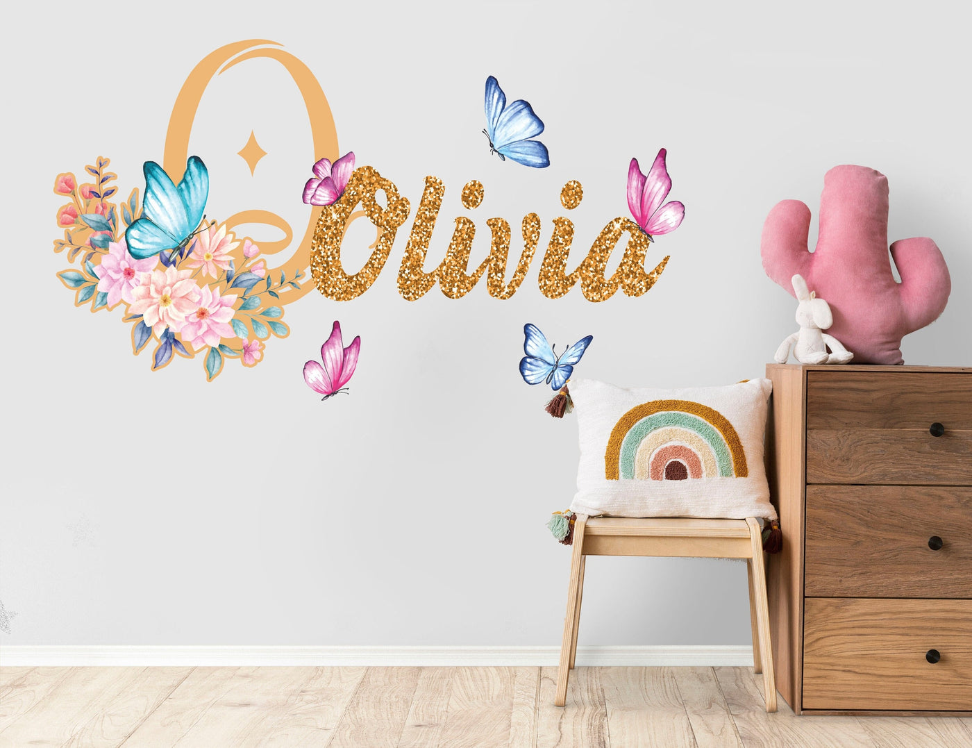 Flowers Butterfly Wall Decal Custom Name for Girls - Wall Stickers for Girls Bedroom Decor - Flower Wall Decals Art Personalized Room