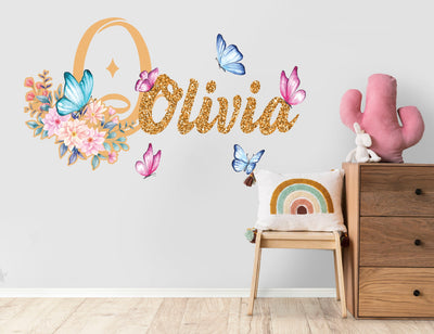 Decalque de parede de borboleta e flores, nome personalizado para meninas, decoração de quarto de meninas, decalques de parede de flores, arte personalizada
