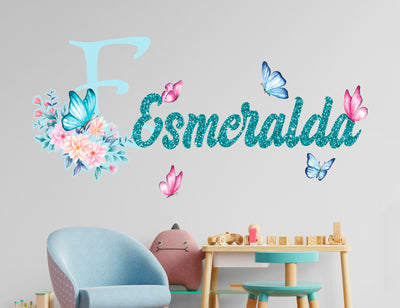 Flowers Butterfly Wall Decal Custom Name for Girls - Wall Stickers for Girls Bedroom Decor - Flower Wall Decals Art Personalized Room
