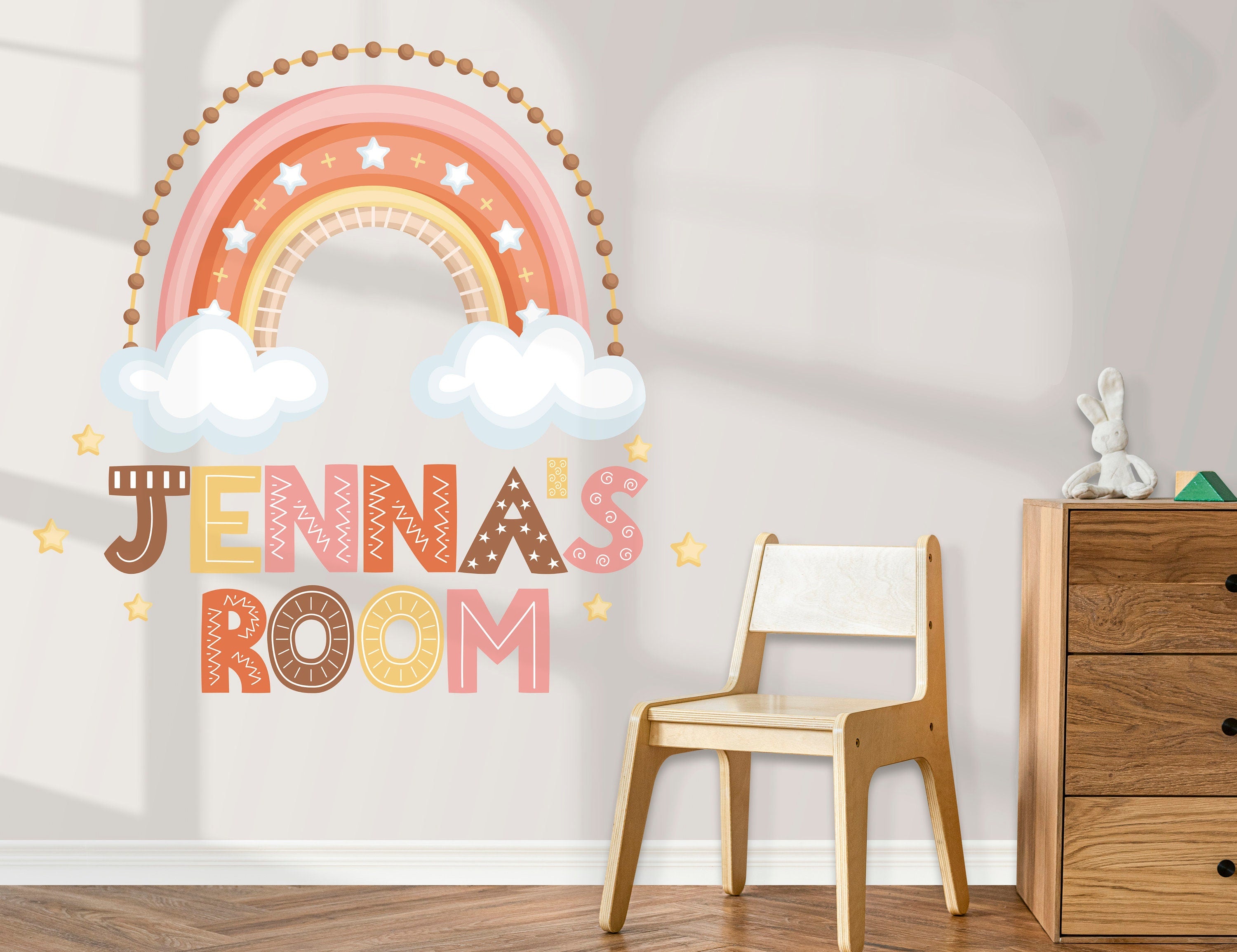 Decalques de Nome Personalizados Arco-Íris Escandinavo - Decoração de Parede Boho para Quarto de Meninas - Autocolantes de Nome - Decoração de Parede para Berçário Arco-Íris