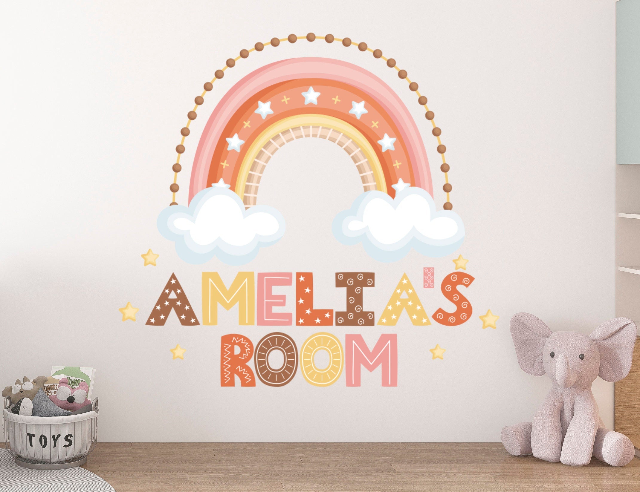 Decalques de Nome Personalizados Arco-Íris Escandinavo - Decoração de Parede Boho para Quarto de Meninas - Autocolantes de Nome - Decoração de Parede para Berçário Arco-Íris