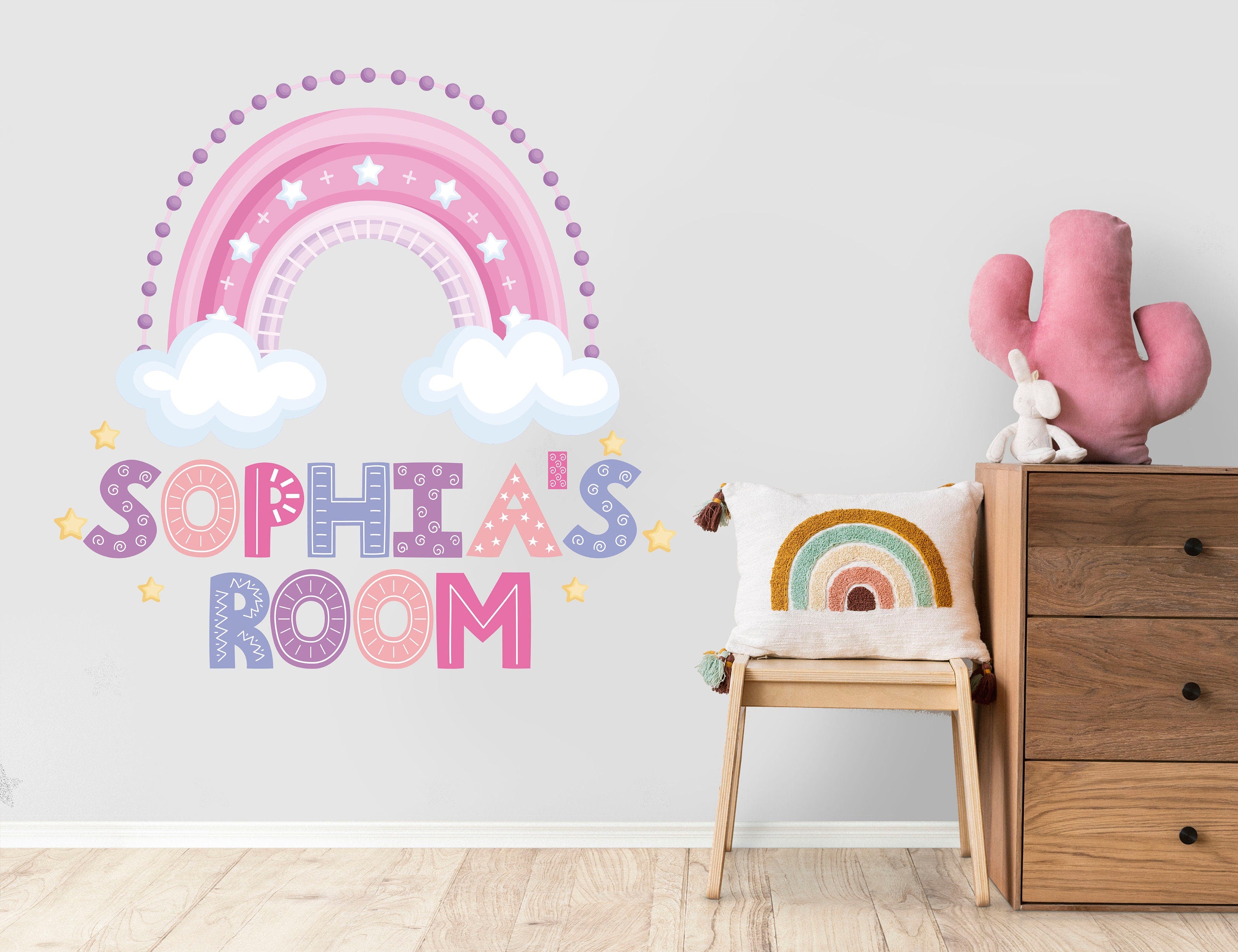 Decalques de Nome Personalizados Arco-Íris Escandinavo - Decoração de Parede Boho para Quarto de Meninas - Autocolantes de Nome - Decoração de Parede para Berçário Arco-Íris