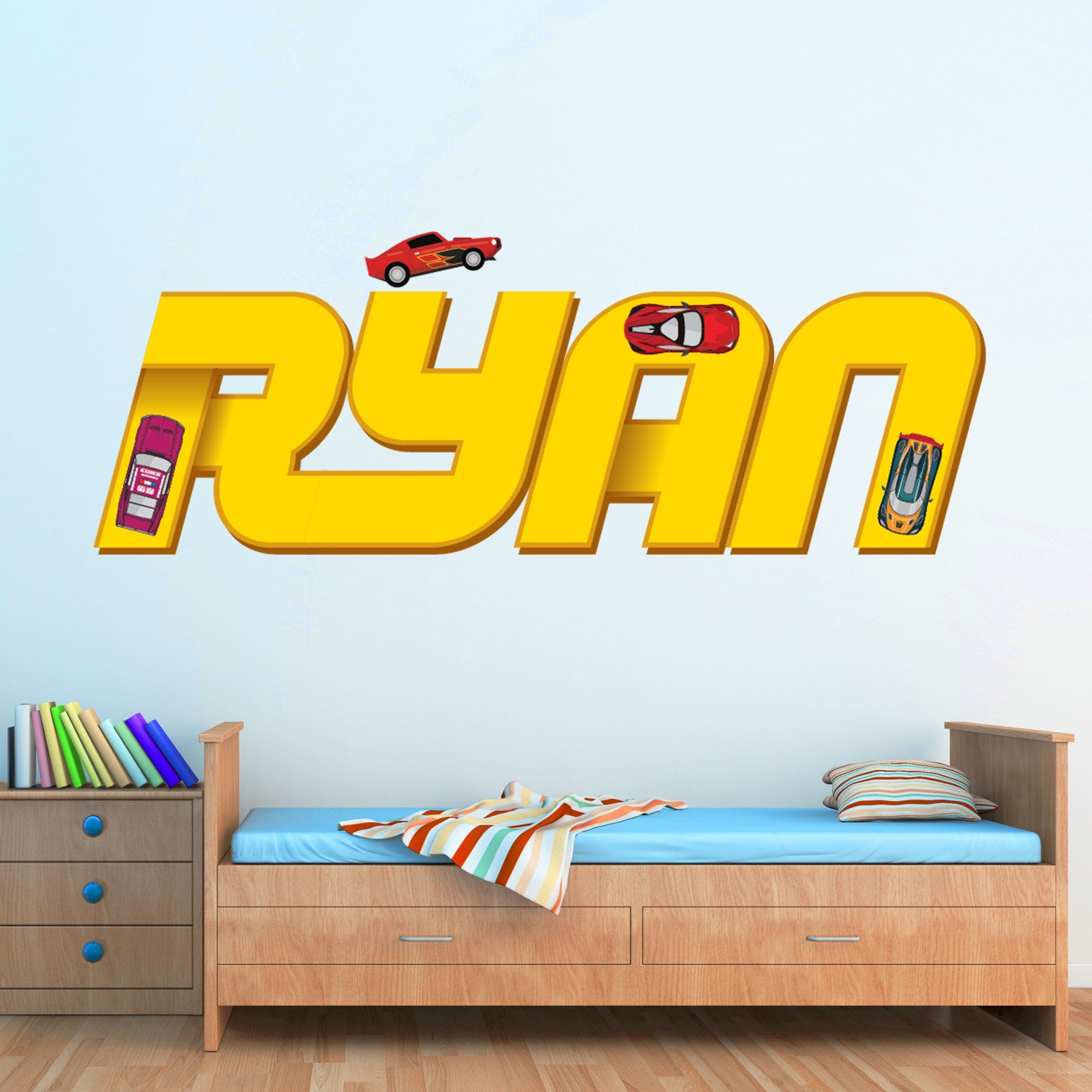 Decalque de Parede de Carros de Corrida para Quarto de Meninos - Decoração de Quarto Personalizada com Nome - Decoração de Quarto com Tema de Carro - Autocolante de Carro de Corrida - Decalque de Parede Personalizado com Nome para Meninos