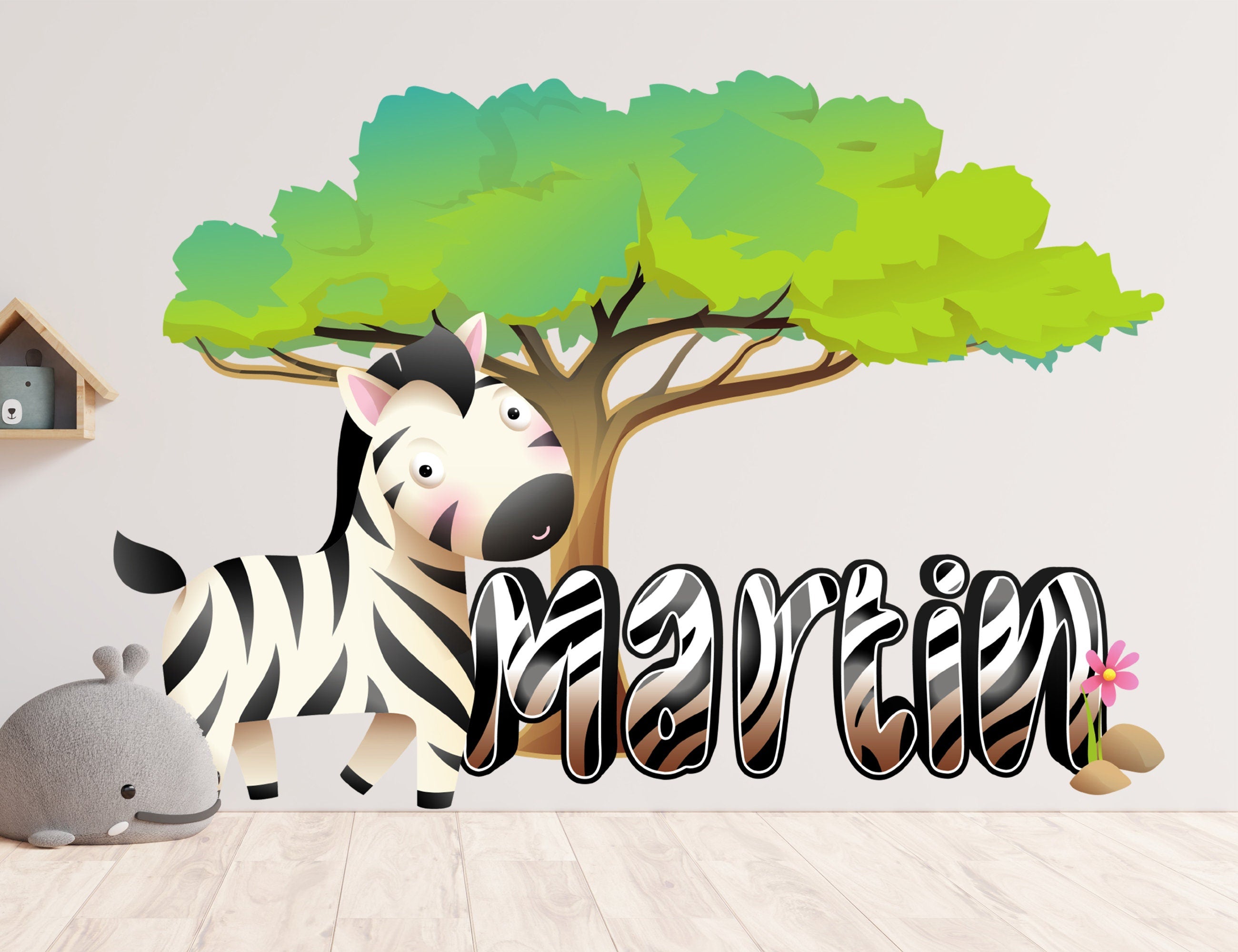 Zebra Wall Decals for Kids Room Decor - Safari Name for Baby Nursery - Zebra Wall Decal for Boys Room - Animals Sticker for Kids Wall Decals