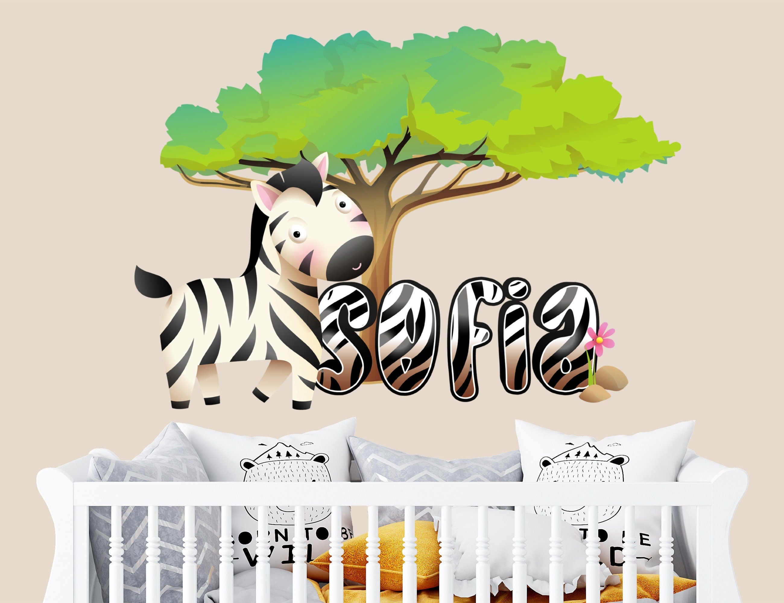 Zebra Wall Decals for Kids Room Decor - Safari Name for Baby Nursery - Zebra Wall Decal for Boys Room - Animals Sticker for Kids Wall Decals