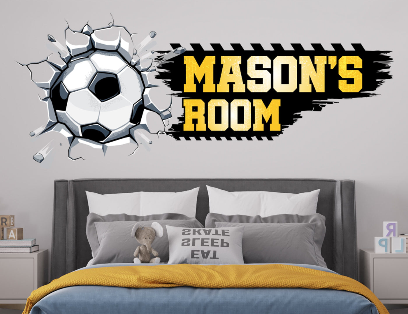 Decalques de parede de futebol com nome para decoração de quarto de meninos - Nome personalizado de futebol para berçário de bebês - Decalque de parede de futebol para quarto de meninos - Arte personalizada
