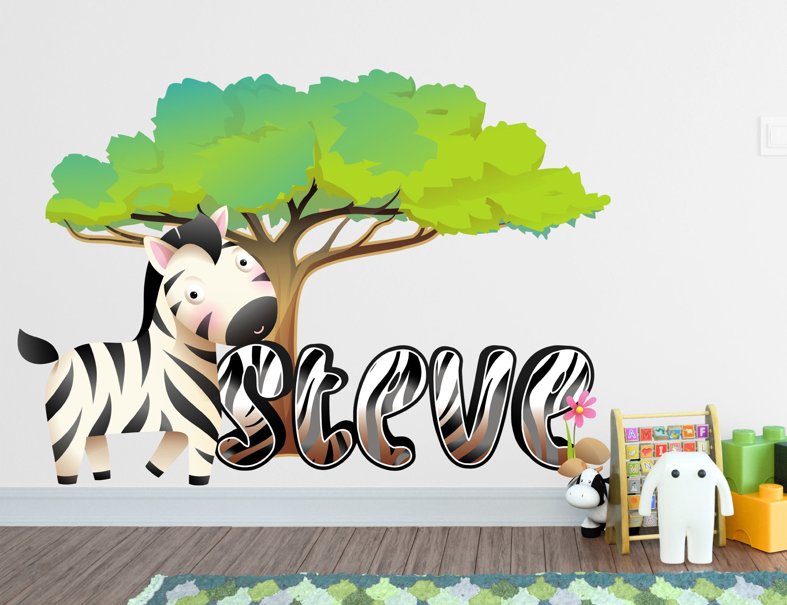 Zebra Wall Decals for Kids Room Decor - Safari Name for Baby Nursery - Zebra Wall Decal for Boys Room - Animals Sticker for Kids Wall Decals