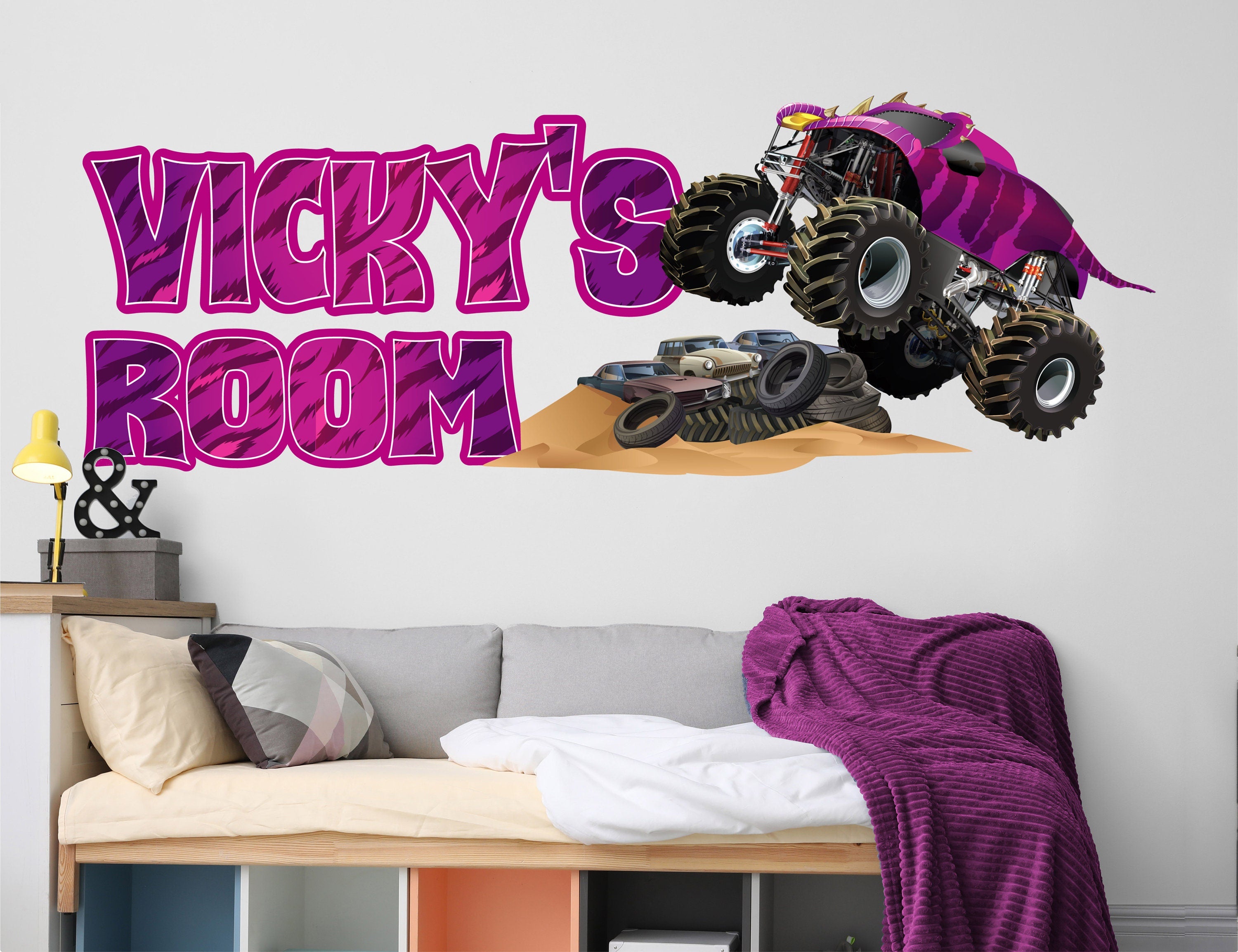 Monster Truck Custom Name Wall Decals - Truck Car Wall Decal Room Decor for Boys Bedroom - Kids Truck Sticker - Nursery Decor Wall Art