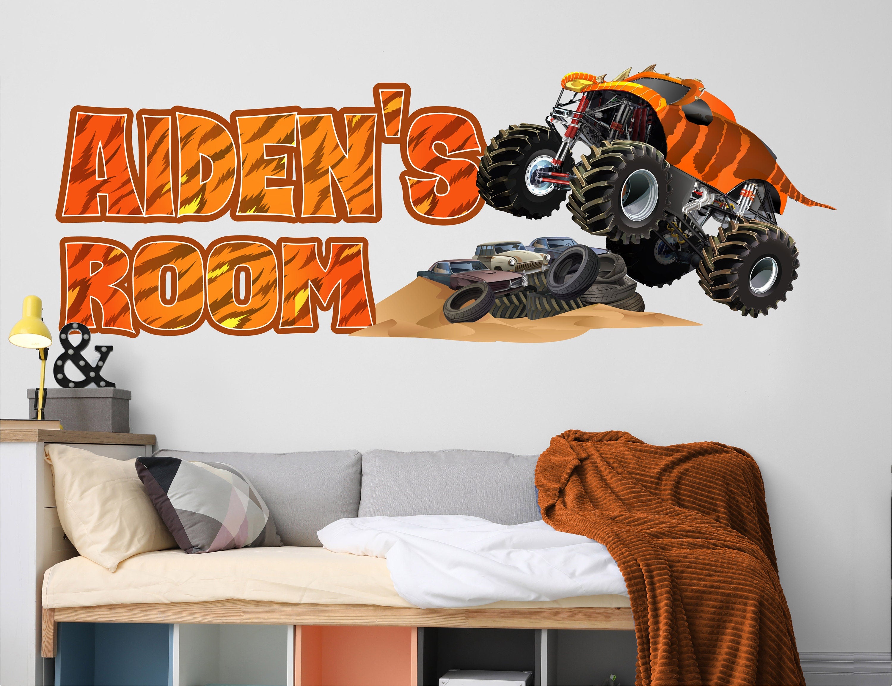 Monster Truck Custom Name Wall Decals - Truck Car Wall Decal Room Decor for Boys Bedroom - Kids Truck Sticker - Nursery Decor Wall Art