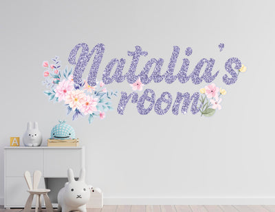 Decalque de parede com flores brilhantes, nome personalizado para meninas, decoração de quarto de meninas, decalques de parede de flores, arte personalizada