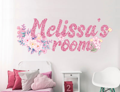 Decalque de parede com flores brilhantes, nome personalizado para meninas, decoração de quarto de meninas, decalques de parede de flores, arte personalizada