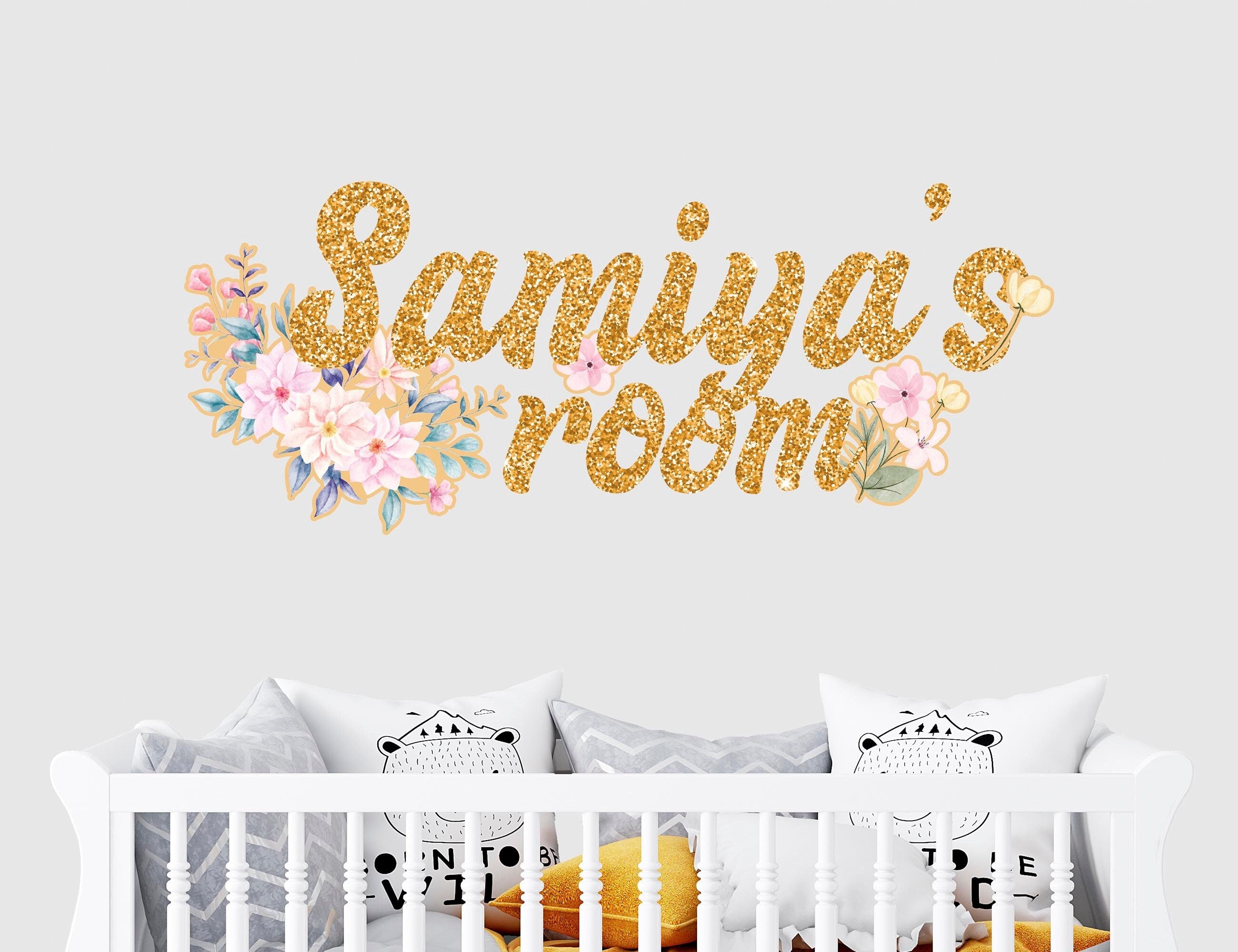 Sparkling Flowers Wall Decal Custom Name for Girls - Wall Stickers for Girls Bedroom Decor - Flower Wall Decals Art Personalized Room