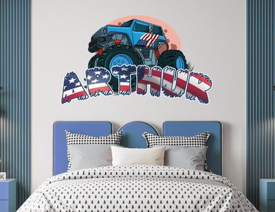Decalques de parede personalizados de caminhão monstro - Decalque de parede de caminhão americano, decoração de quarto para meninos, nome personalizado, adesivo infantil, decoração de berçário