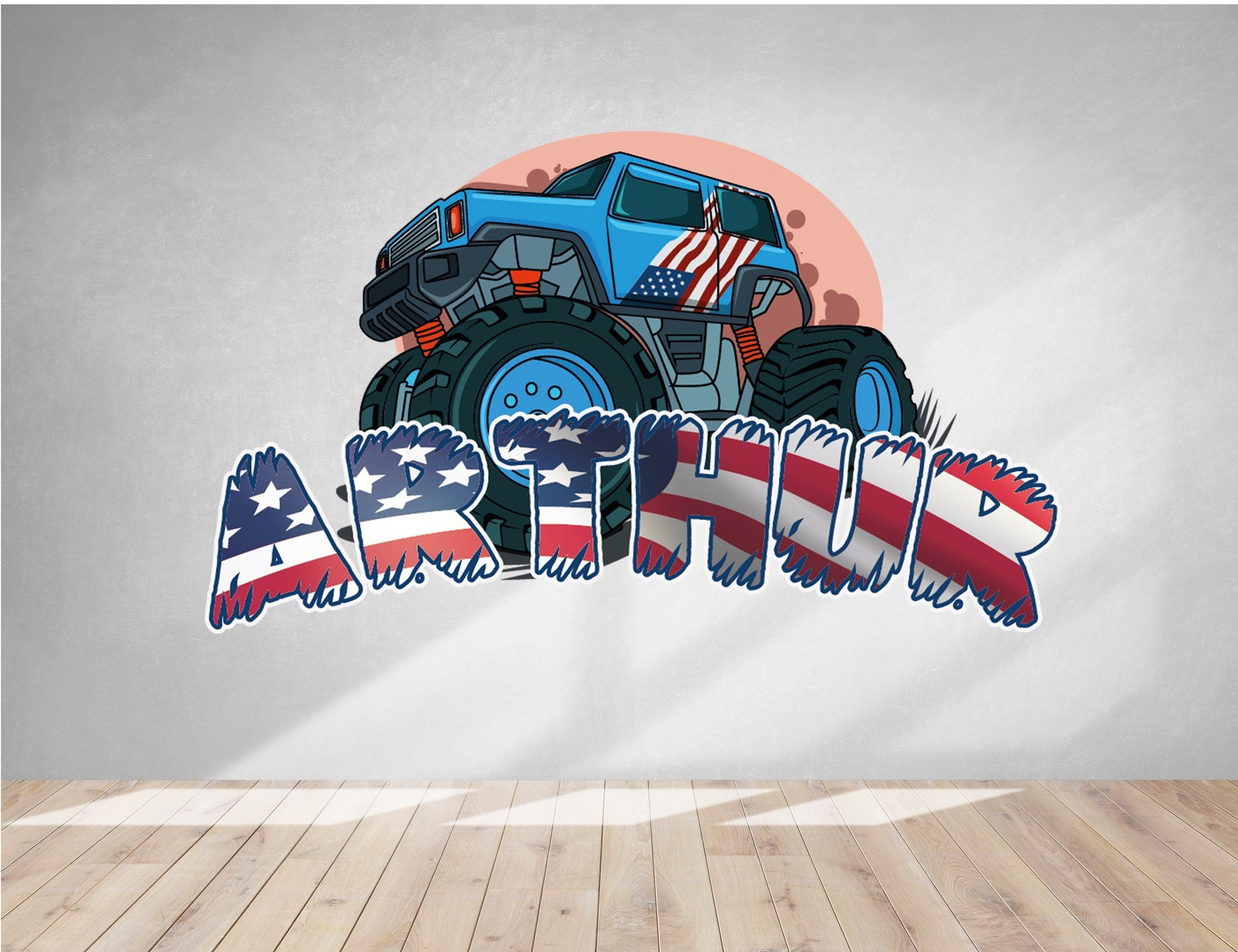 Personalized Monster Truck Wall Decals - American Truck Wall Decal Room Decor for Boys Bedroom - Custom Name Kids Sticker - Nursery Decor