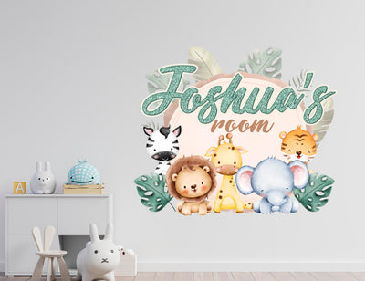 Decalque de parede de animais fofos, nome personalizado para crianças, adesivos de parede para decoração de quarto infantil, decalques de parede de arte da selva, quarto personalizado
