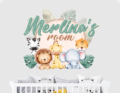 Cute Animals Wall Decal Custom Name for Kids - Wall Stickers for Children's Bedroom Decor - Jungle Art Wall Decals Personalized Room