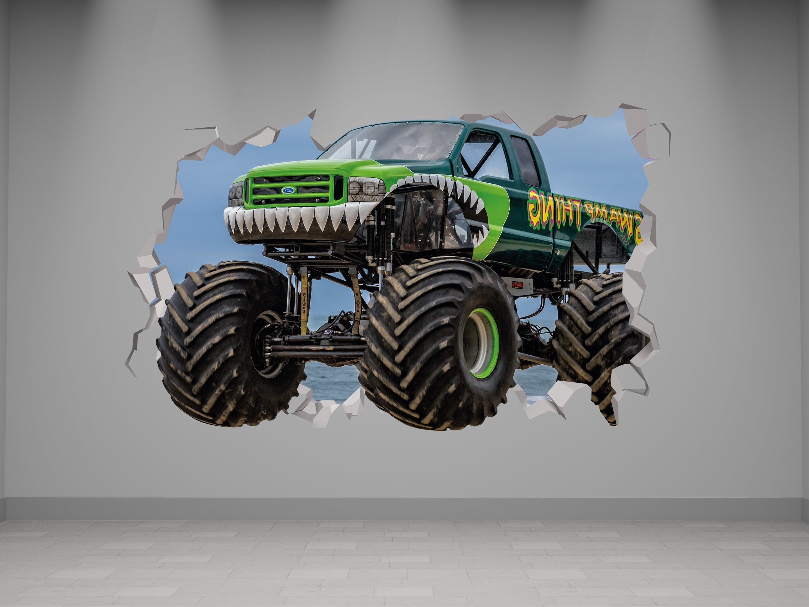 Autocolante de Parede de Monster Truck - Desenho de Monster Truck - Arte Decorativa de Autocolante de Monster Truck - Festa de Monster Truck - Casa de Banho de Monster Truck - Carro 3D Verde