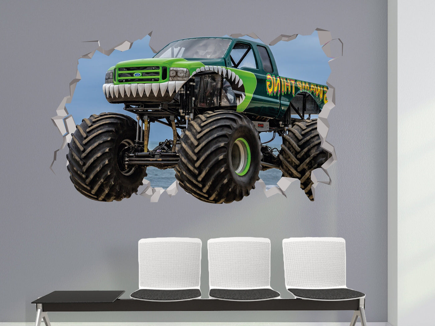 Decalque de parede de caminhão monstro - desenho de caminhão monstro - decoração de arte de adesivo de monstro - festa de caminhão monstro - banheiro de caminhão monstro - carro 3d verde