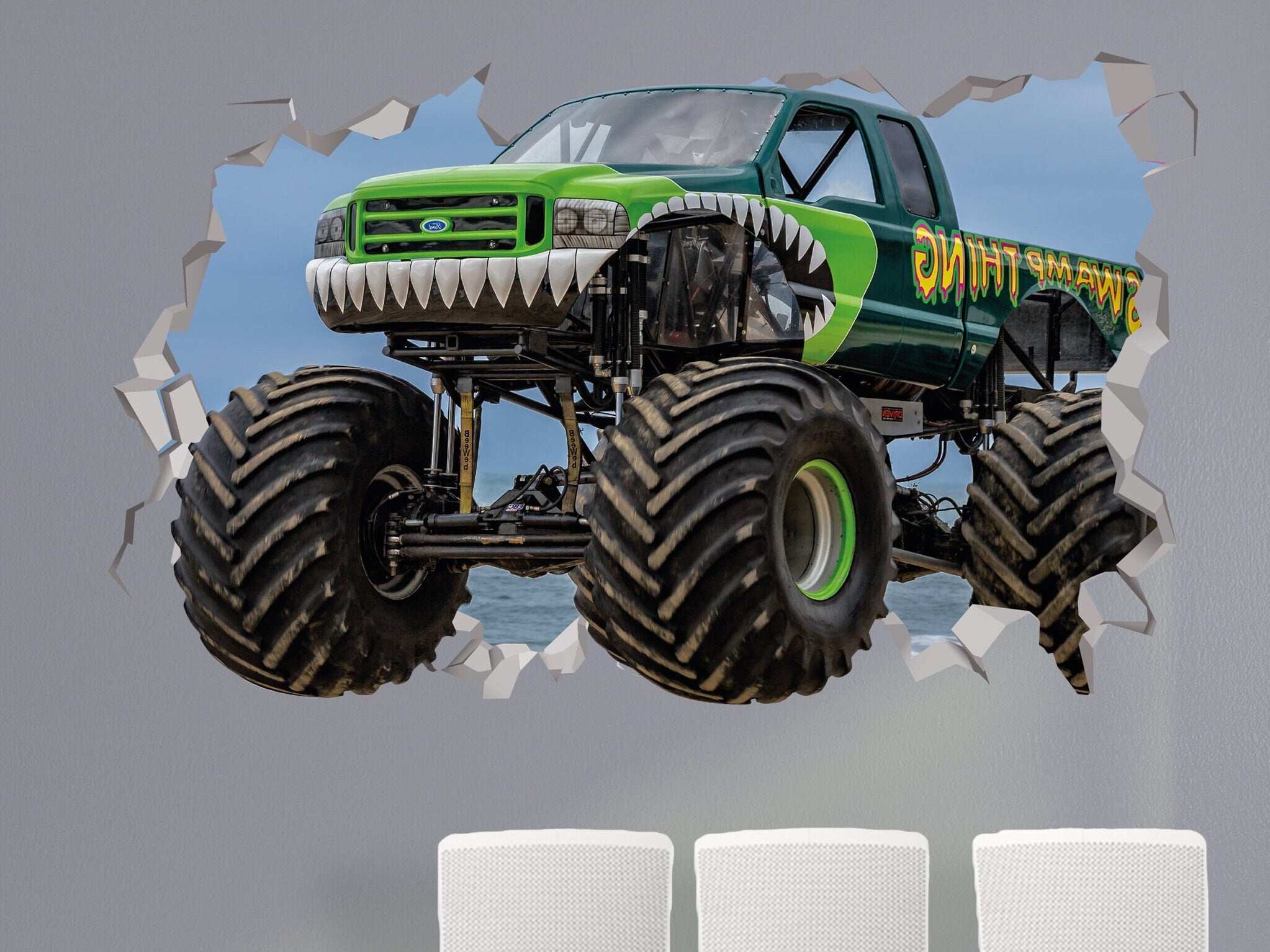 Autocolante de Parede de Monster Truck - Desenho de Monster Truck - Arte Decorativa de Autocolante de Monster Truck - Festa de Monster Truck - Casa de Banho de Monster Truck - Carro 3D Verde