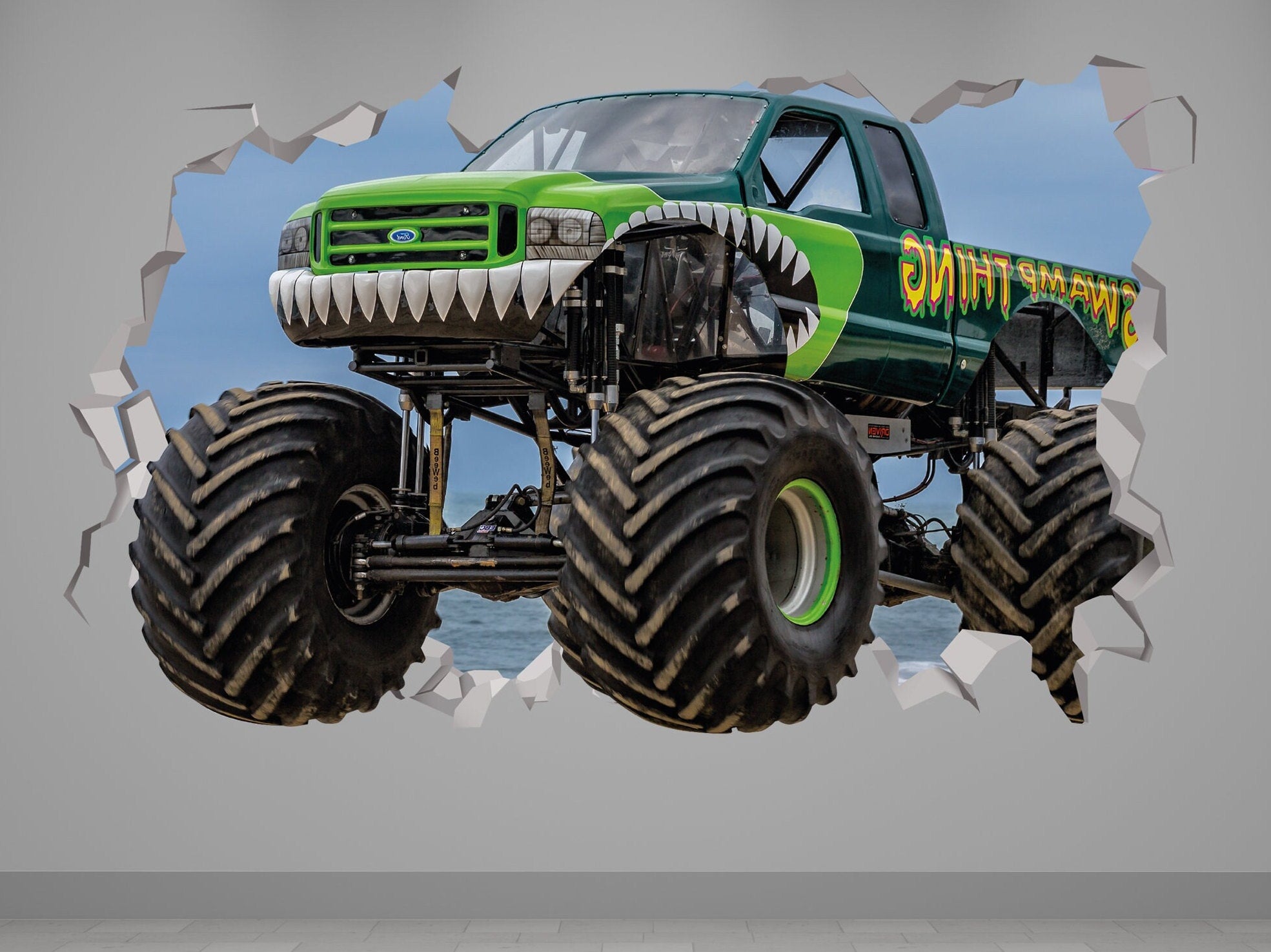 Autocolante de Parede de Monster Truck - Desenho de Monster Truck - Arte Decorativa de Autocolante de Monster Truck - Festa de Monster Truck - Casa de Banho de Monster Truck - Carro 3D Verde