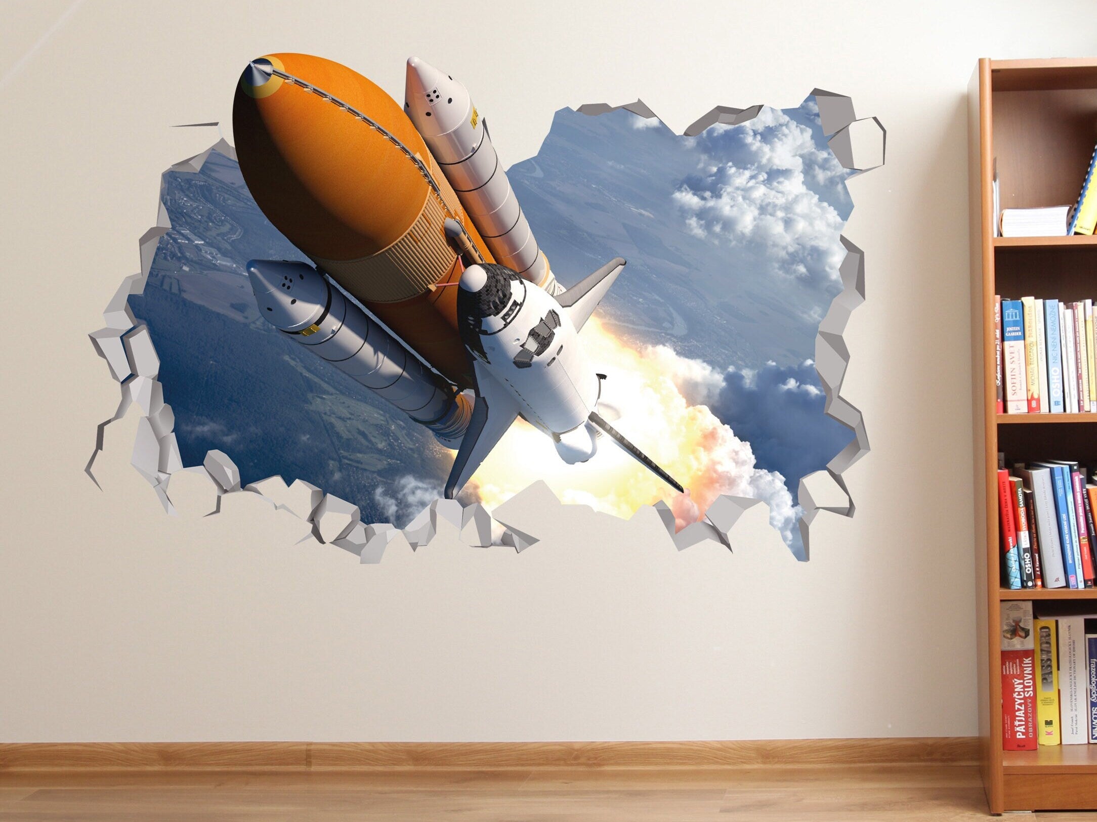 Autocolante de Foguete - Decalque 3D de Nave Espacial - Decoração de Quarto com Tema Espacial - Adesivo de Espaço - Foguete Espacial 3D - Arte de Nave Espacial