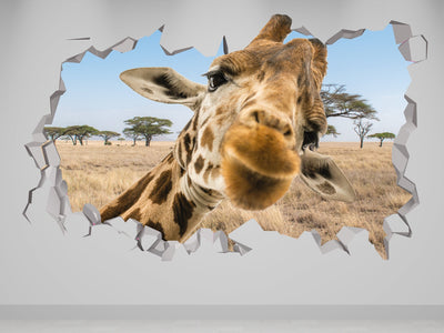 Decalque de parede de girafa - Decalque de parede de sala de jogos de girafa - Arte 3D de animais - Decoração de parede de girafa - Decoração de parede de berçário de girafa - Animal da selva engraçado