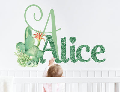 Decalque de parede de cacto - Decalque de parede com nome personalizado para meninas - Decoração de quarto de flores - Decalque de parede de bebê - Adesivo personalizado de suculentas