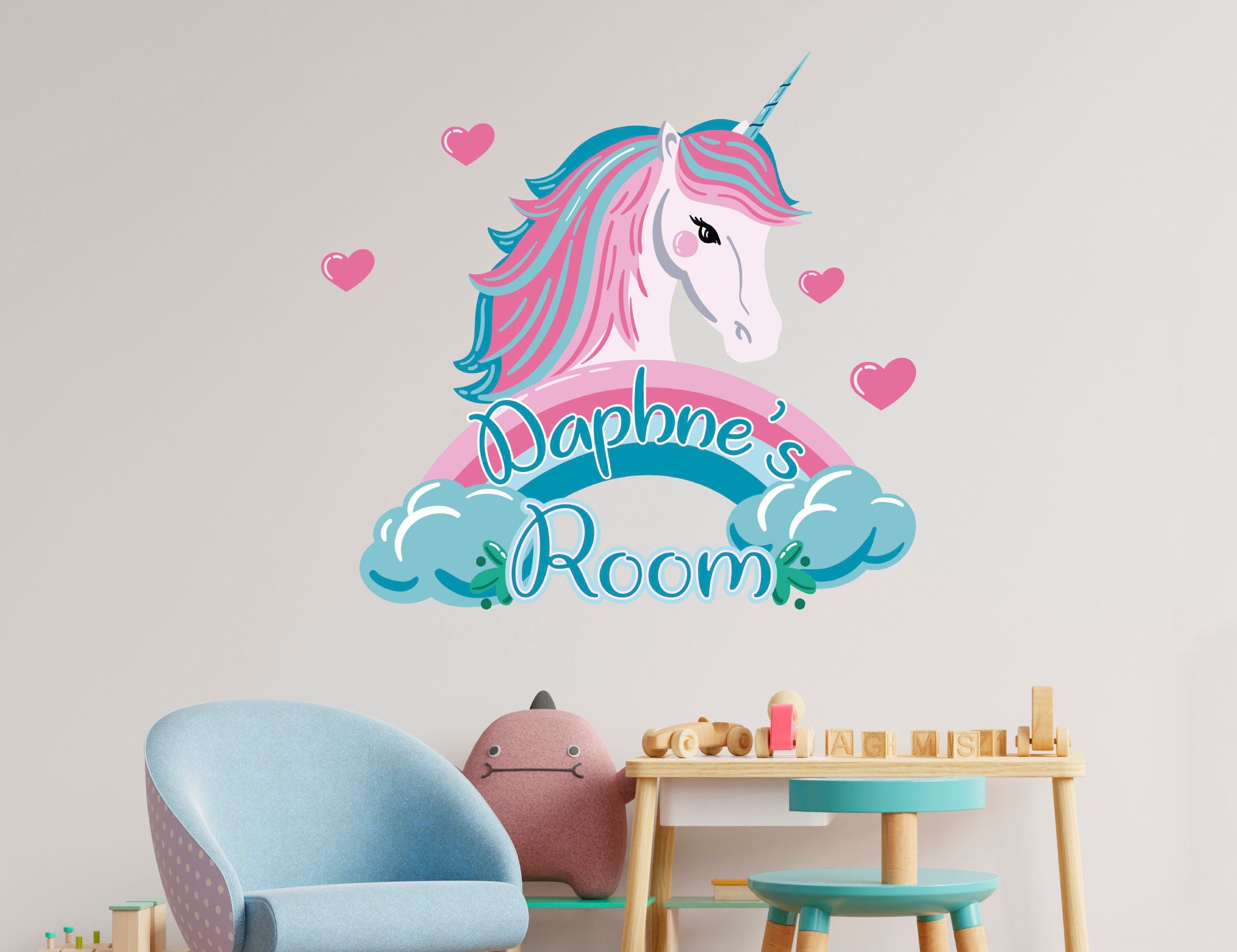 Autocolante de Parede de Unicórnio - Decoração Personalizada de Quarto de Unicórnio para Menina - Decoração de Quarto Infantil de Unicórnio - Autocolante de Parede Personalizado - Autocolantes de Unicórnio