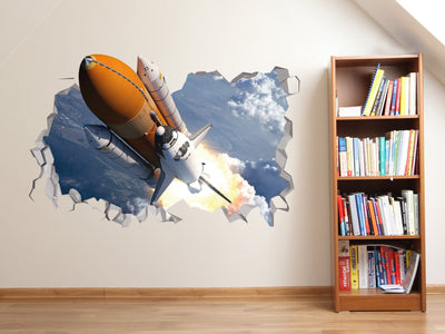 Rocket Wall Decal - Spaceship Shuttle 3D Wall Decal - Space Themed Bedroom Decor - Outer Space Sticker - Space Age Rocket 3d - Spaceship Art