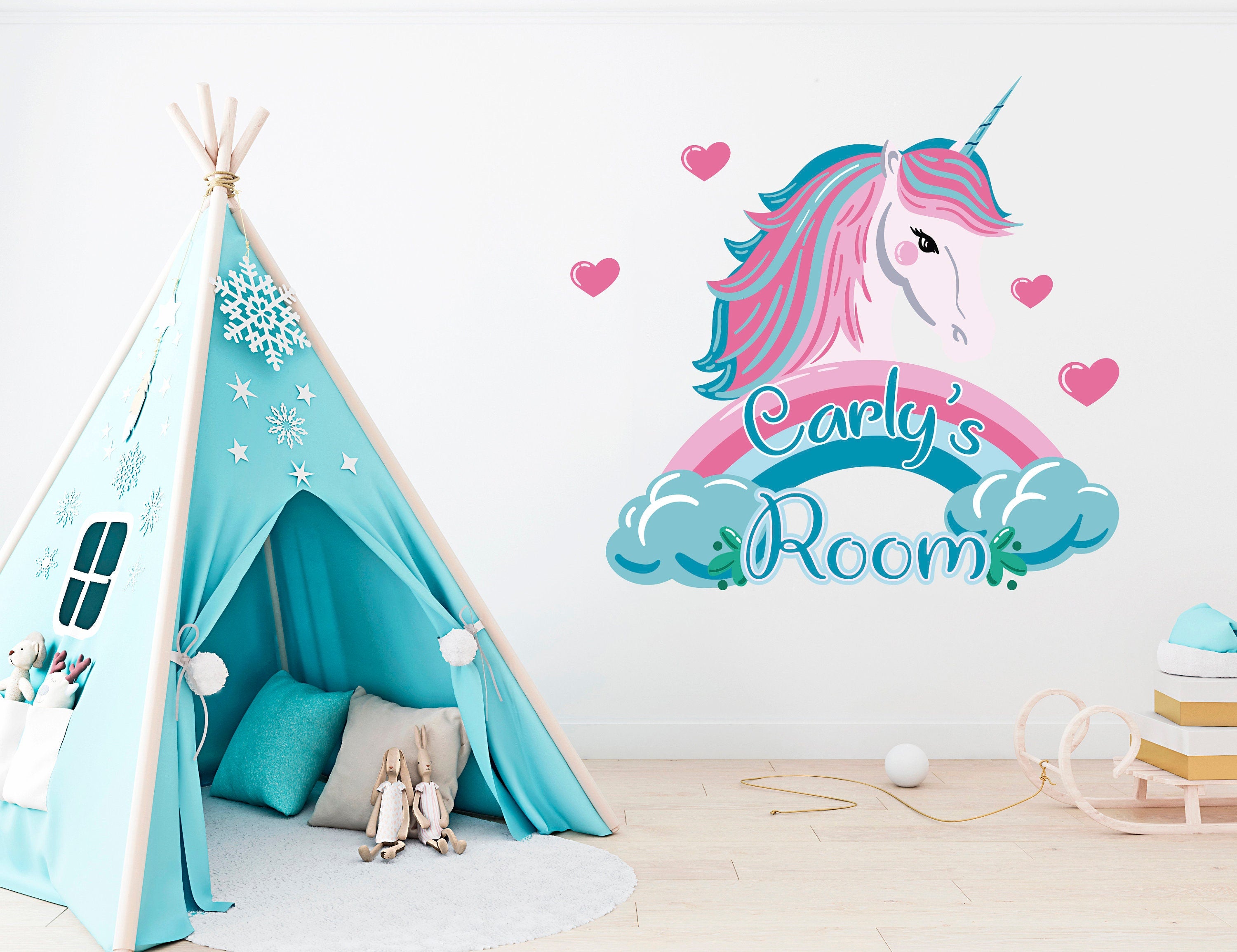 Autocolante de Parede de Unicórnio - Decoração Personalizada de Quarto de Unicórnio para Menina - Decoração de Quarto Infantil de Unicórnio - Autocolante de Parede Personalizado - Autocolantes de Unicórnio