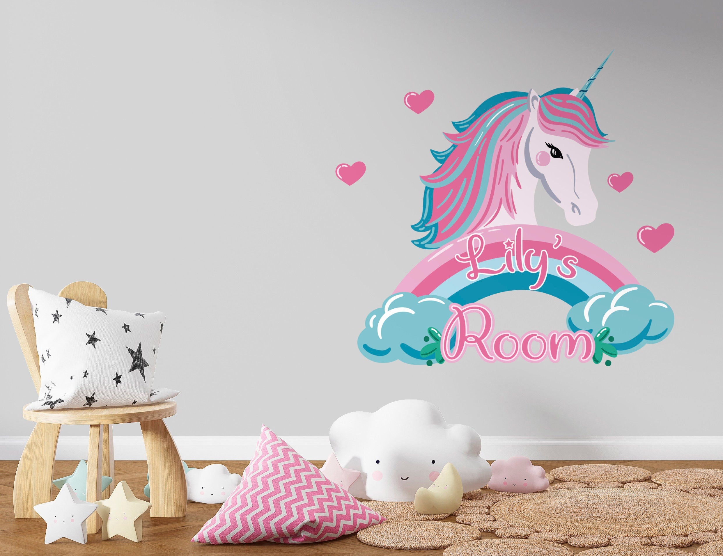 Autocolante de Parede de Unicórnio - Decoração Personalizada de Quarto de Unicórnio para Menina - Decoração de Quarto Infantil de Unicórnio - Autocolante de Parede Personalizado - Autocolantes de Unicórnio