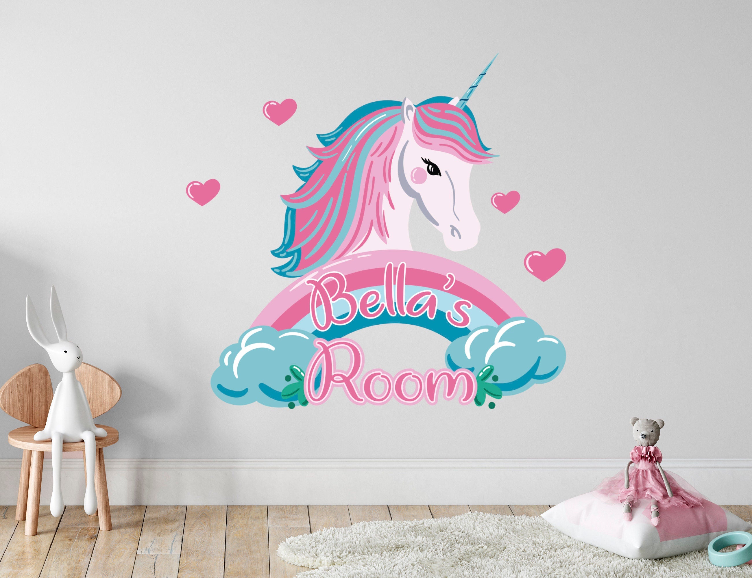 Autocolante de Parede de Unicórnio - Decoração Personalizada de Quarto de Unicórnio para Menina - Decoração de Quarto Infantil de Unicórnio - Autocolante de Parede Personalizado - Autocolantes de Unicórnio