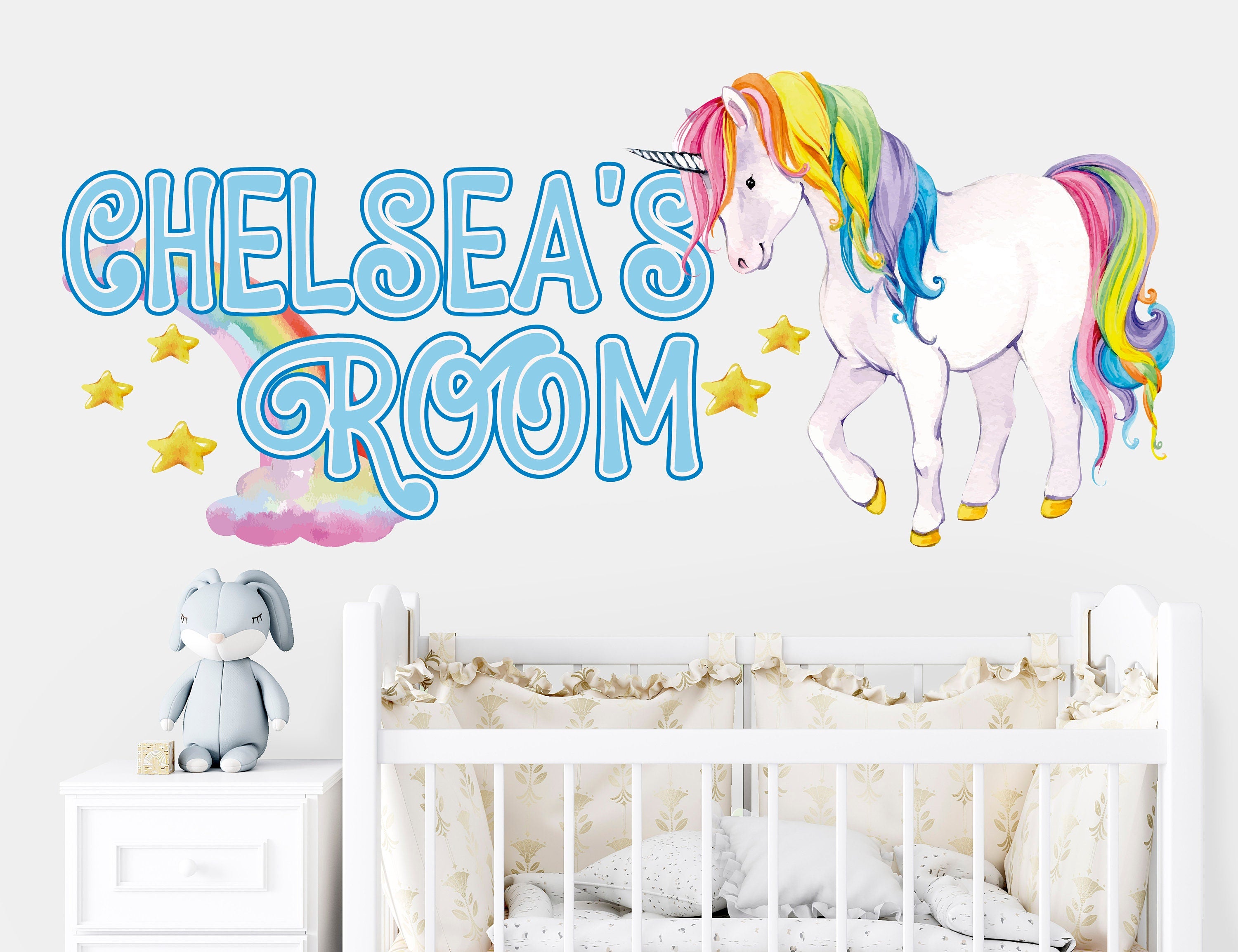 Adesivo de Parede com Nome de Unicórnio Arco-íris - Decoração de Quarto Personalizada para Meninas - Decoração de Parede para Crianças - Adesivo de Parede Personalizado - Adesivos de Unicórnio