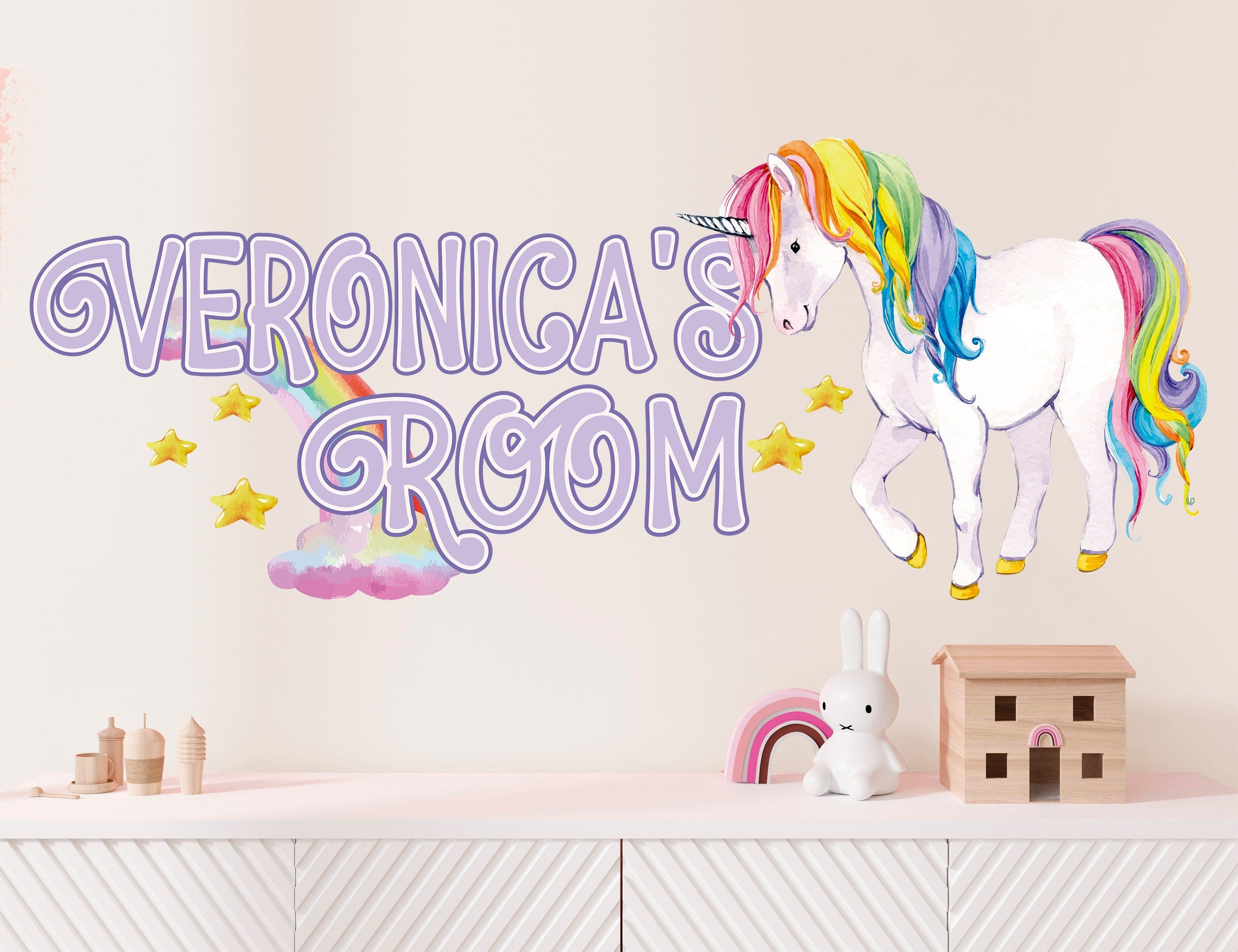 Adesivo de Parede com Nome de Unicórnio Arco-íris - Decoração de Quarto Personalizada para Meninas - Decoração de Parede para Crianças - Adesivo de Parede Personalizado - Adesivos de Unicórnio