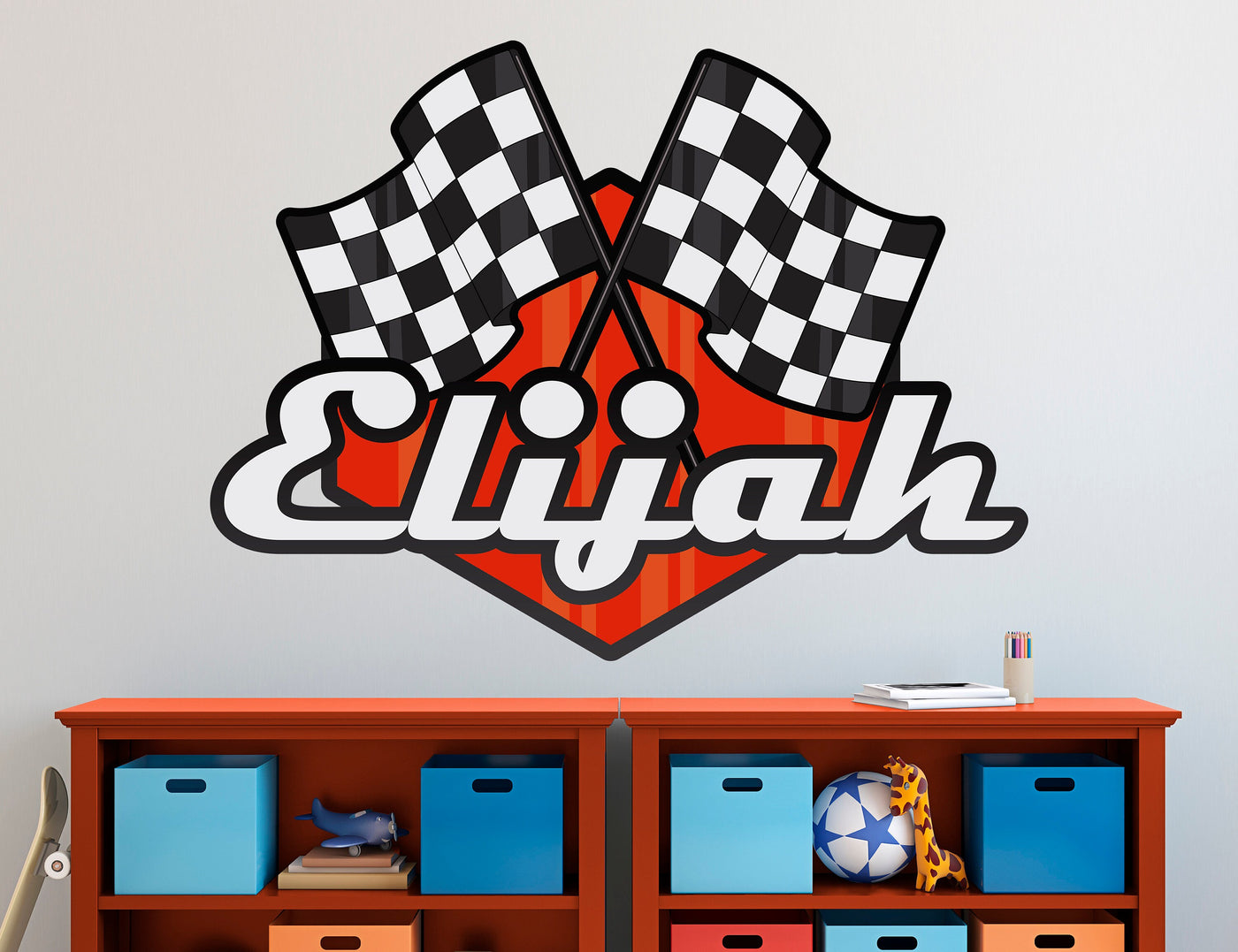 Personalized Race Flag Name Wall Decal - Boys Room Decor - Race Car Theme Custom Name Wall Art  - Nursery Wall Decal - Cars Wall Stickers