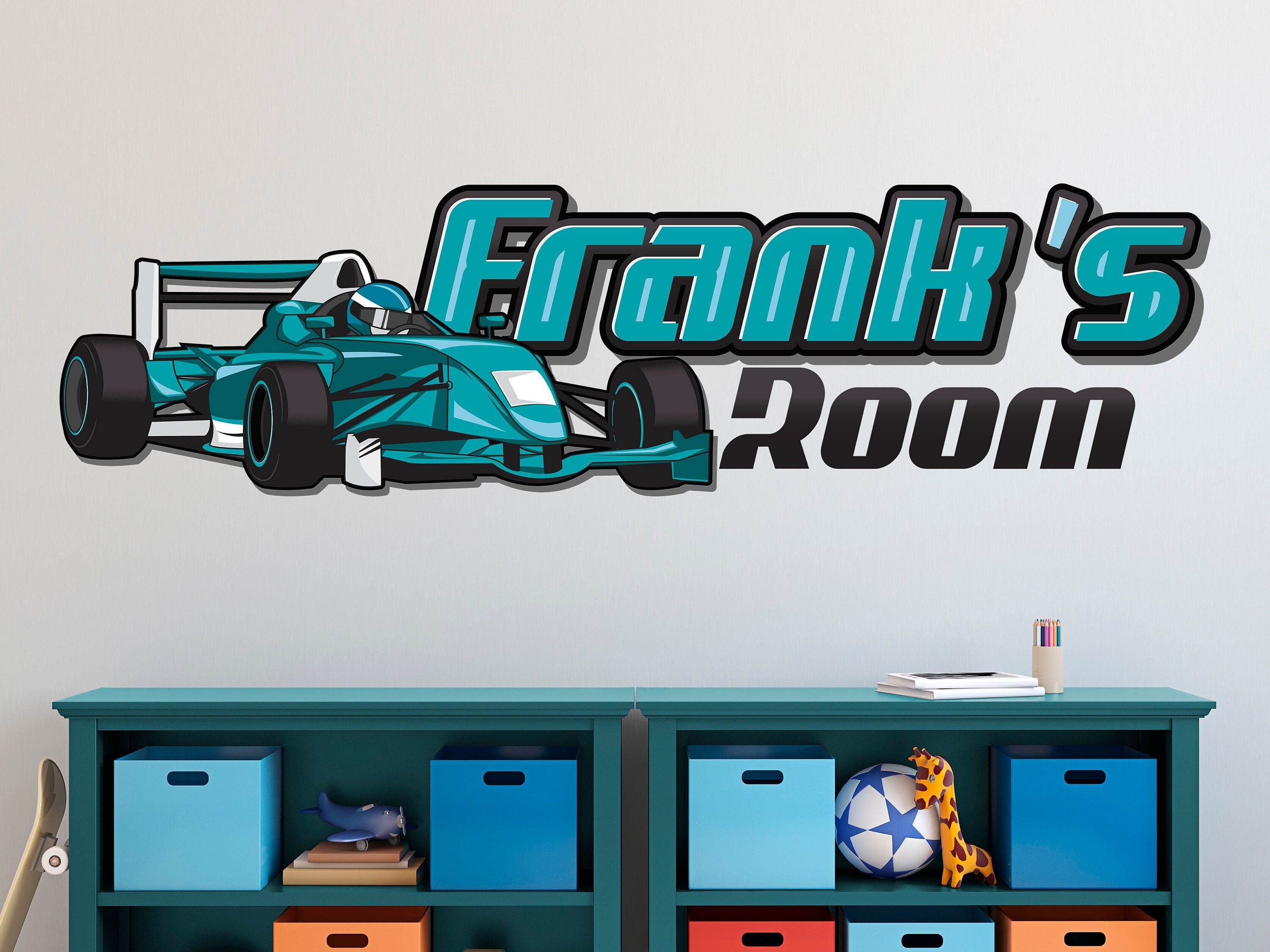 Personalized Race Car Wall Decal - Custom Peel and Stick Car Decals - Race Track Wall Stickers - Car Themed Wall Decor - Kid's Room Decor