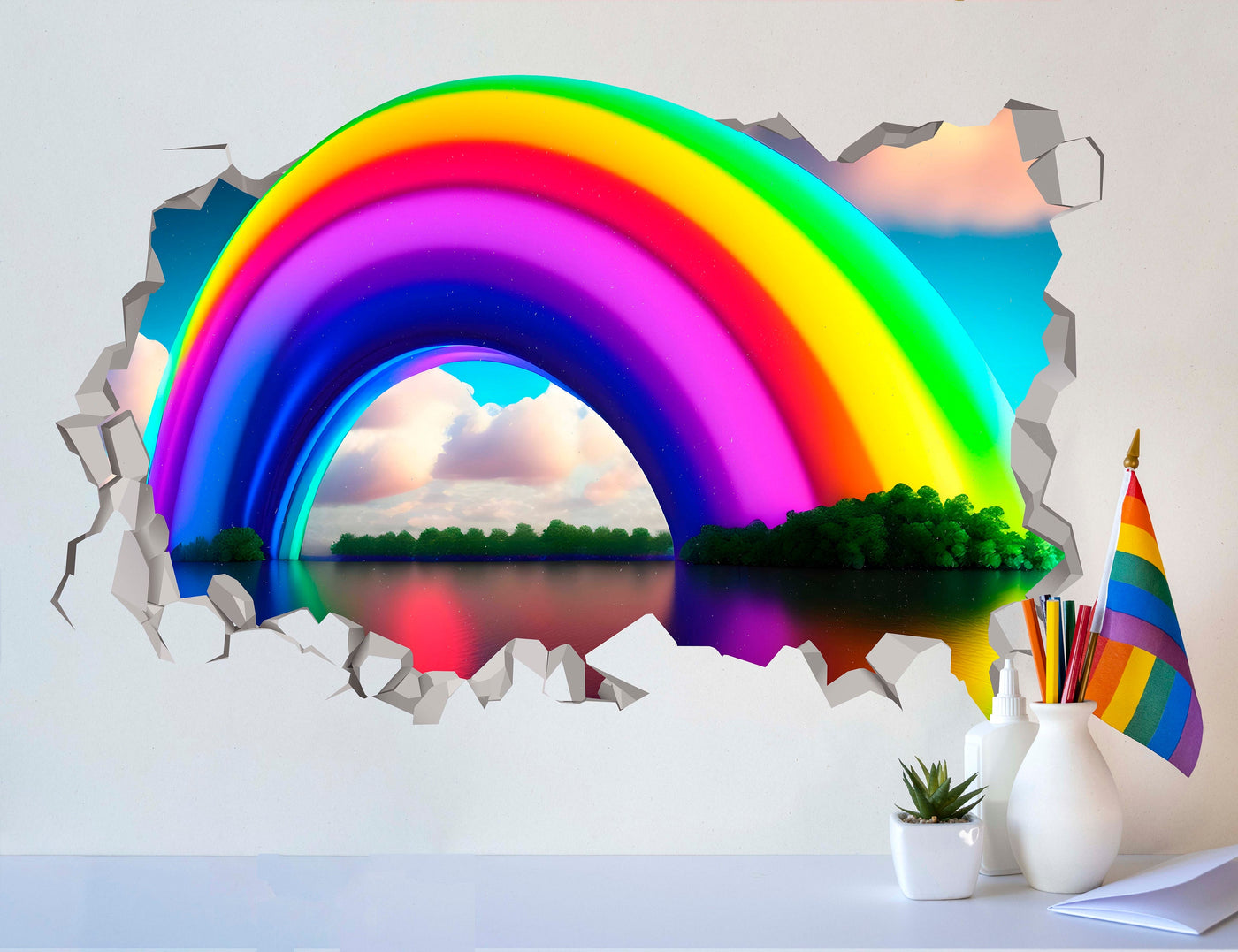 Adesivo de parede de arco-íris gigante - Decoração de parede de desfile LGBTQ + - Arte de parede de arco-íris espetacular - Adesivo de parede de ilusão de arco-íris - Mês do Orgulho